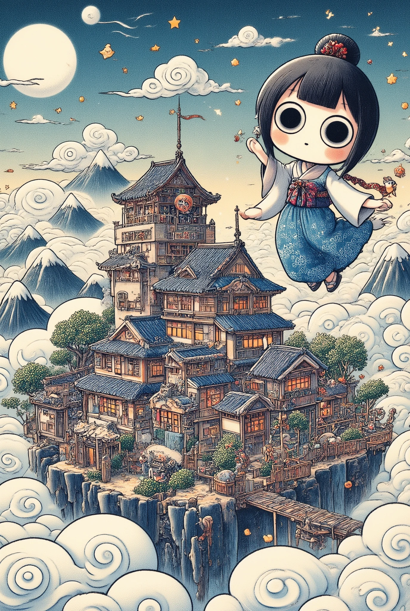 A castle town on an island floating above the clouds, a large deformed girl waving from the castle tower, a Japanese feel, ultra detailed, absolutely resolution, masterpiece