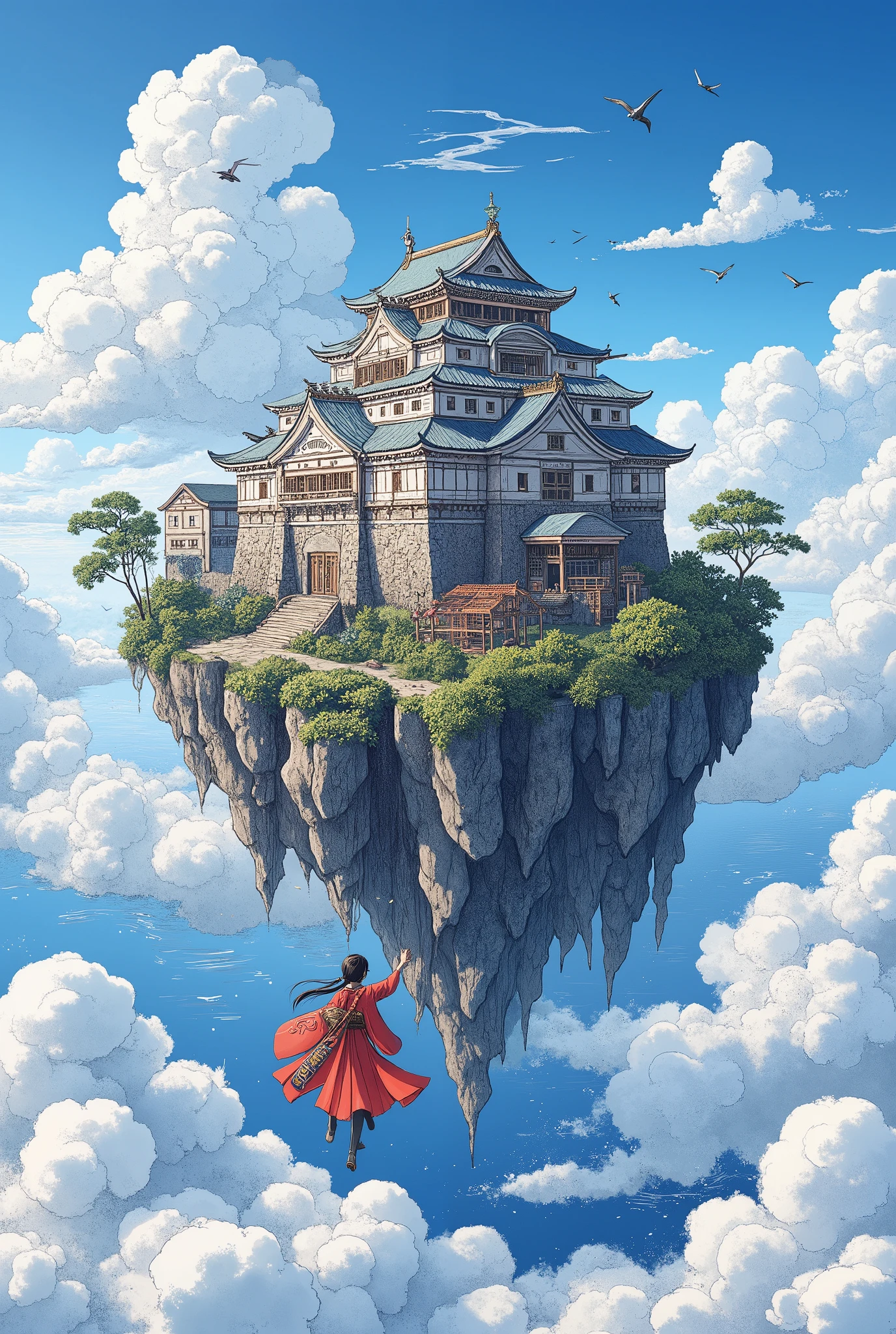 A castle town on an island floating in the clouds, a waving girl, a Japanese feel, ultra detailed, absolutely resolution, masterpiece