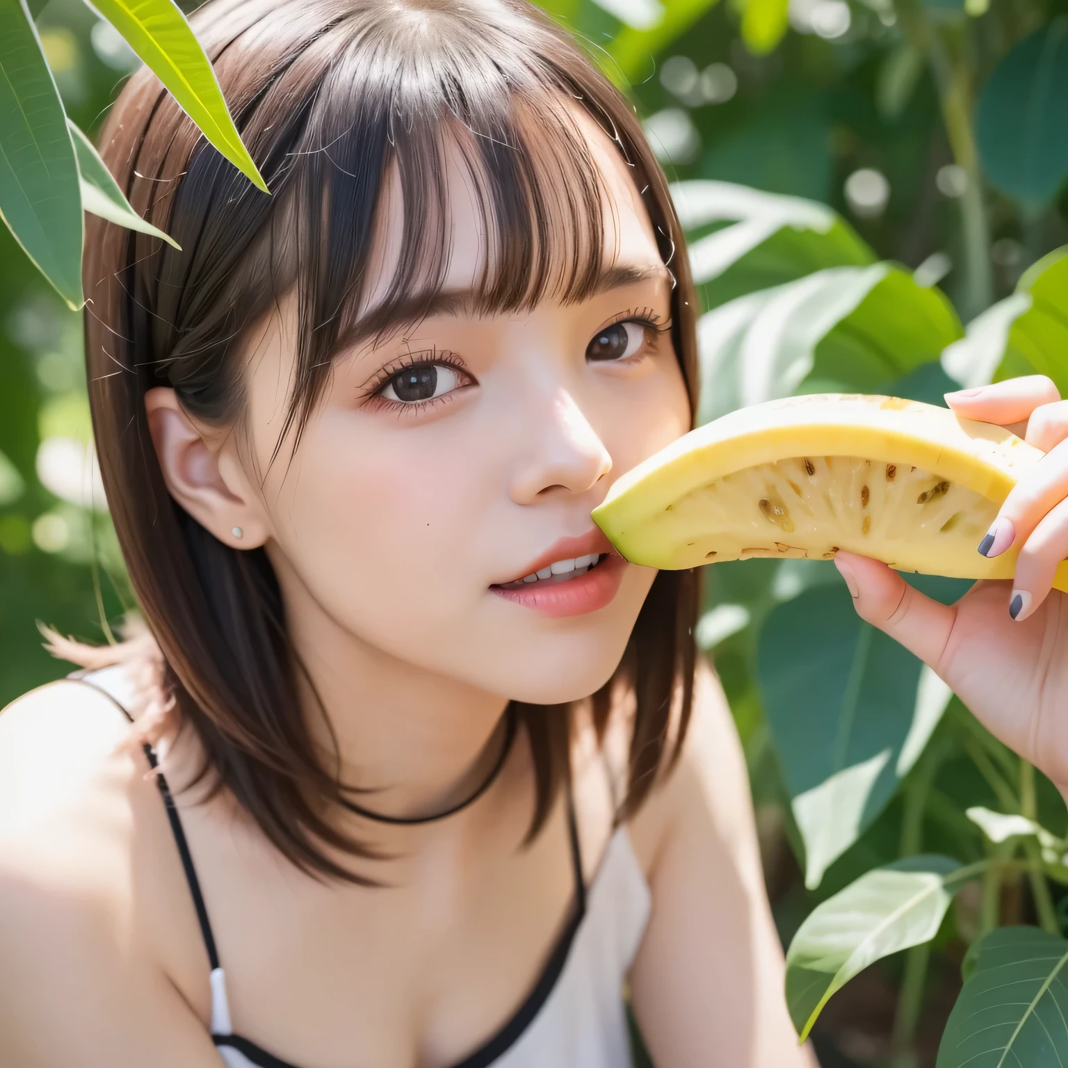 She is holding a banana with its peel partially removed, revealing the white fruit inside. She is eating the exposed white part. Black hair, bob haircut, dark eyes.