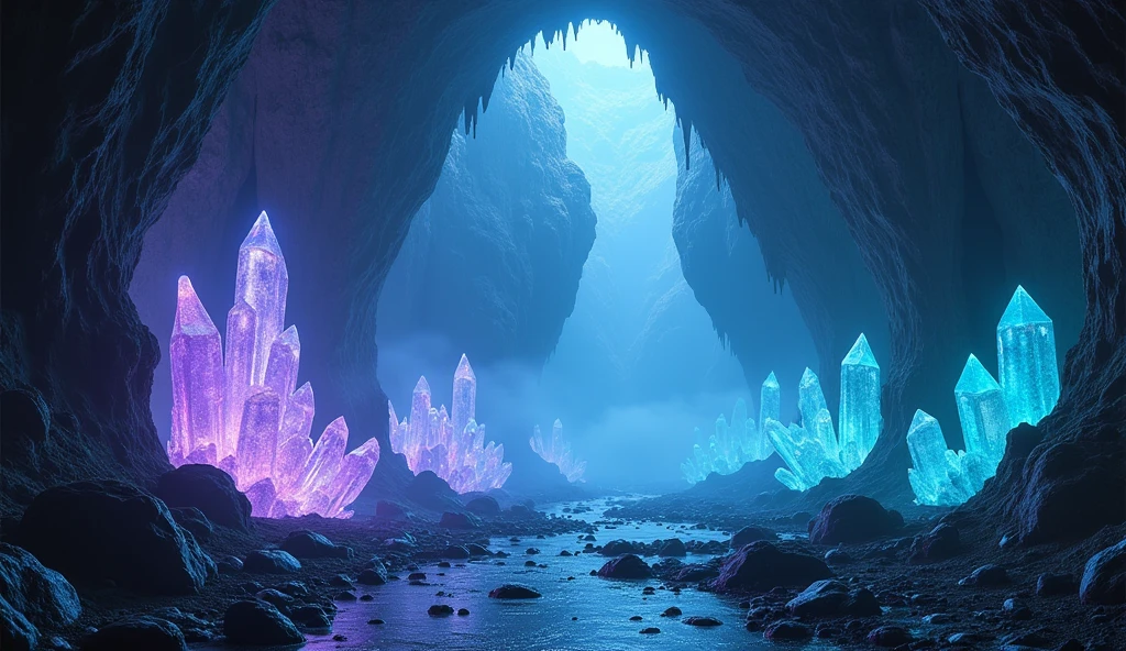 A breathtaking underground cave filled with massive, glowing crystals ...