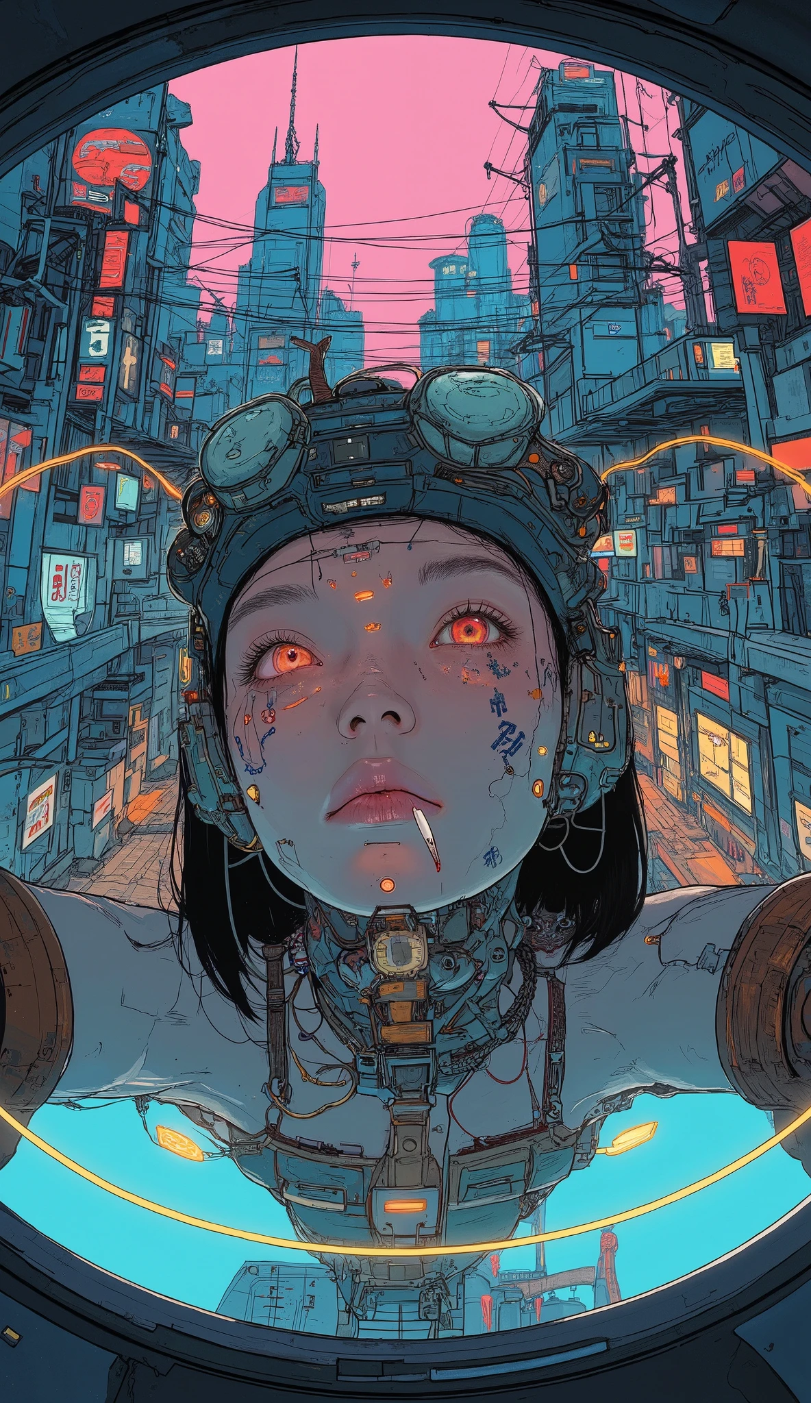 Bird's eye view、fisheye lens、anime girl with tattoos and piercings is smoking, anime style 4 k, anime styled digital art, anime style artwork, anime style illustration, anime style. 8k, anime style art, anime atmosphere , retro anime girl , detailed digital anime art, anime style mixed with fujifilm, anime style digital art, anime cyberpunk art , Digital Cyberpunk Anime Art, Digital Animated Illustration