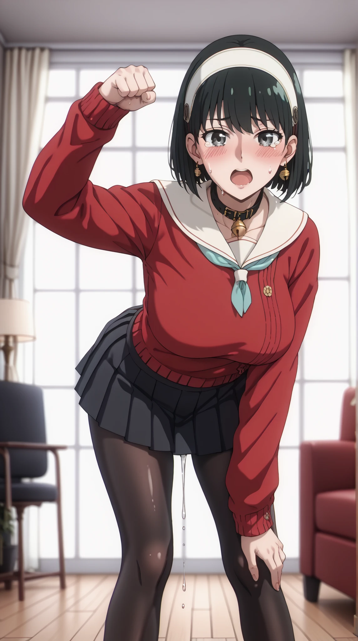 viewers、angle from the front、Full Body Shot,score_9, score_8_up, score_7_up, source_ anime、TOP QUALITY、8k、 masterpiece、Ultra High Precision、 natural light、perfect anatomy in the flower park、 one woman、BIG BREAST on SNS、 firm chest 、 Mouth open vertically、white headband、A black collar with a bell、 black hair、 cute face、 Clear Eyes ,A little teary、embarrassed face、After the change、Beige clothes、(black pleated mini skirt:1.5),(black pantyhose:1.5)、Sweat dripping from crotch、(Standing pose with bent forward and crotch spread:1.5)、Clenched Fist、Cat pose with hands on head、