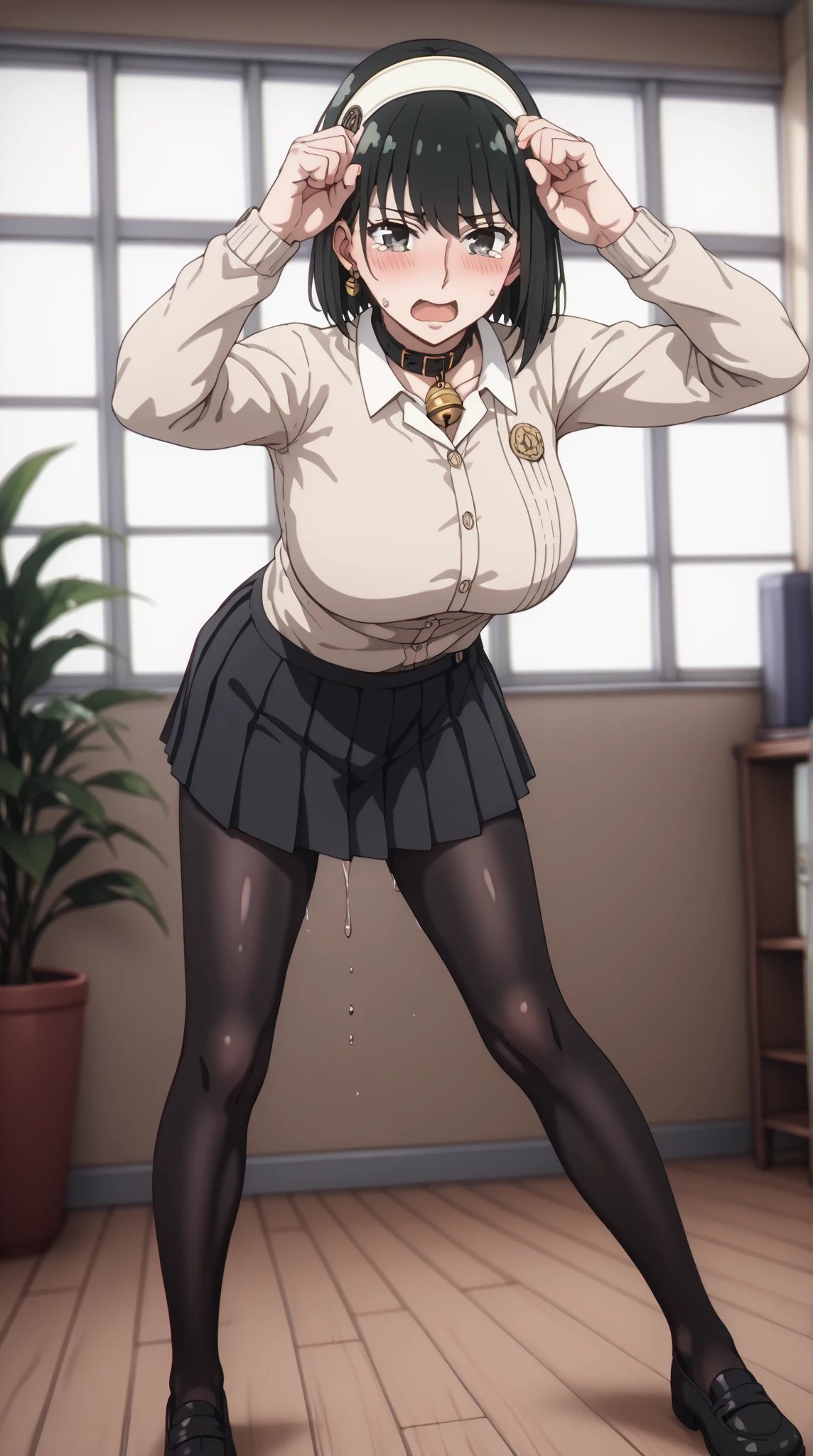 viewers、angle from the front、Full Body Shot,score_9, score_8_up, score_7_up, source_ anime、TOP QUALITY、8k、 masterpiece、Ultra High Precision、 natural light、perfect anatomy in the flower park、 one woman、BIG BREAST on SNS、 firm chest 、 Mouth open vertically、white headband、A black collar with a bell、 black hair、 cute face、 Clear Eyes ,A little teary、embarrassed face、After the change、Beige clothes、(black pleated mini skirt:1.5),(black pantyhose:1.5)、Sweat dripping from crotch、(Standing pose with bent forward and crotch spread:1.5)、Clenched Fist、Cat pose with hands on head、