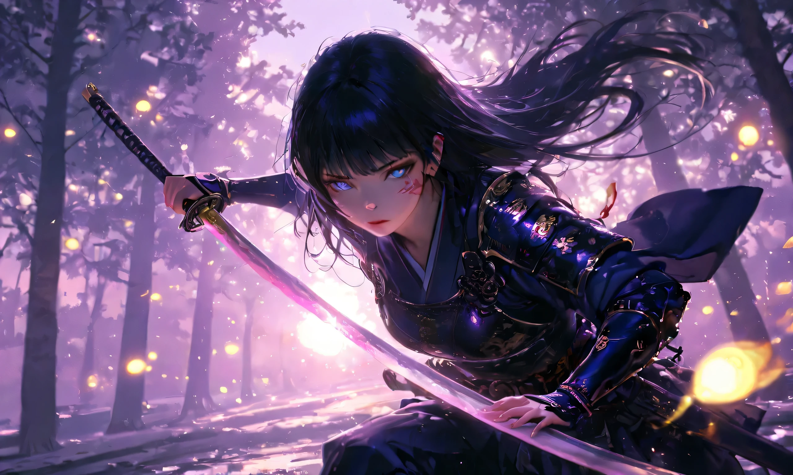 1girl,long black hair,(ancient samurai),katana,dynamic view,dynamic angle,mythical world,lush forest,purple twilight sky,mist,glowing fireflies,4k,8k,high resolution,masterpiece,ultra-detailed,realistic,photorealistic,photo-realistic,HDR,UHD,studio lighting,ultra-fine painting,sharp focus,physically-based rendering,extreme detail,professional,vivid colors,bokeh, Japanese pattern anime style, looking at viewer,
