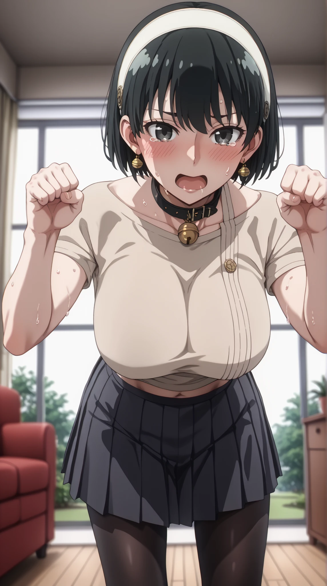 viewers、angle from the front、Full Body Shot,score_9, score_8_up, score_7_up, source_ anime、TOP QUALITY、8k、 masterpiece、Ultra High Precision、 natural light、perfect anatomy、 one woman、BIG BREAST on SNS、 firm chest 、 Mouth open vertically、white headband、A black collar with a bell、 black hair、 cute face、 Clear Eyes ,A little teary、embarrassed face、After the change、Beige clothes、(black pleated mini skirt:1.5),(black pantyhose:1.5)、Sweat dripping from crotch、(Standing pose with bent forward and crotch spread:1.5)、Clenched Fist、Cat pose with hands on head、