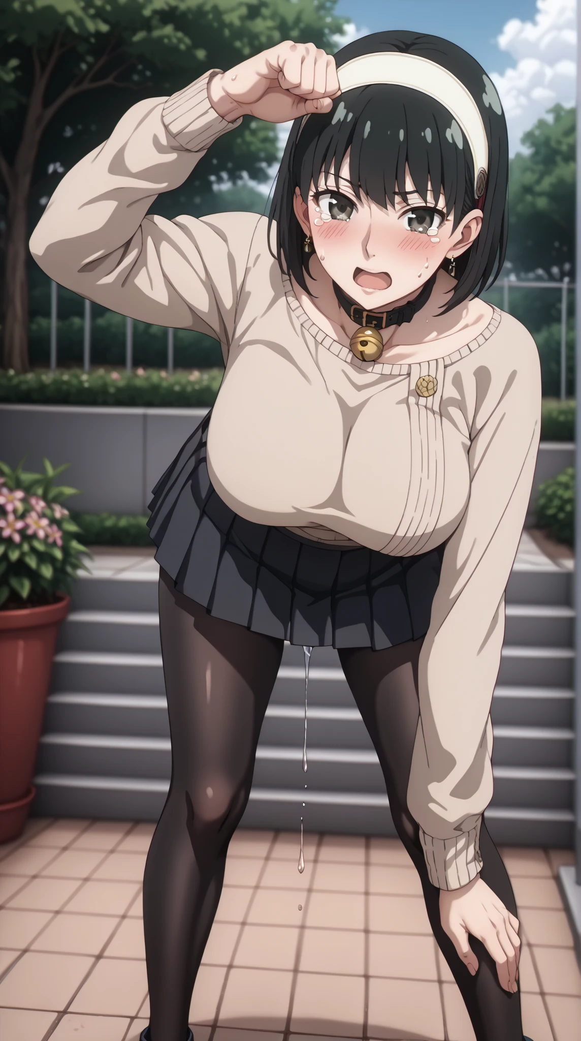  viewers、angle from the front、Full Body Shot,score_9,  score_8_up,  score_7_up,   source_  anime、TOP QUALITY、8k、 masterpiece、Ultra High Precision、 natural light、perfect anatomy in the flower park、 one woman、BIG BREAST on SNS、 firm chest 、 Mouth open vertically、white headband、A black collar with a bell、 black hair、 cute face、  Clear Eyes ,A little teary、embarrassed face、After the change、Beige clothes、(black pleated mini skirt:1.5),(black pantyhose:1.5)、Sweat dripping from crotch、(Standing pose with bent forward and crotch spread:1.5)、Clenched Fist、Cat pose with hands on head、