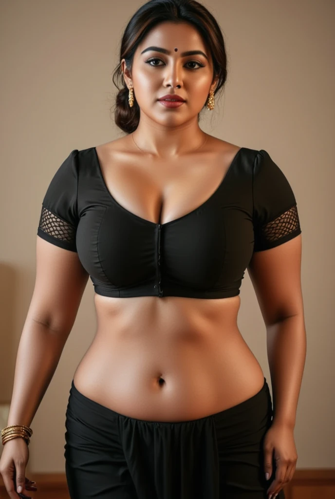 DARK SKIN, South Indian WOMAN, TALL, NAVEL, CLEAVAGE, BUSTY, FAT, VOLUPTUOUS, CHUBBY, PLUMP BELLY, LOVE HANDLES, BLACK BRA, BLACK LEGGINGS, REALISTIC, PHOTOGRAPHY, LOOKING DOWN, LOW BUN HAIR, FIELDS BACKGROUND,
