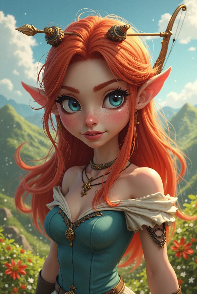 An Illustrated, Hand-Drawn, Full Color, Warm Lighting, Shadows, Graphite Shading, Stencil Marks, Airbrushed Acrylic Paint, In The Style Of Breath Of The Wild. ((Masterpiece)), ((Best Quality)), (Detailed), Luscious Lips, Image Of a goblin Girl, Female, Humanoid, Furry, Beauty, Cute, Adorable, red Skin Color, Hi Res, Sharp, Detailed Background, Wide Smile, Bright Eyes. Tall, long legs, long skirt, with bustle.