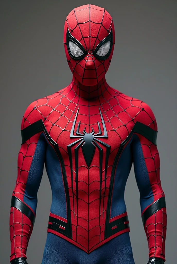 my spiderman suit: red mask, Light blue eye frame, red neck, shoulders and chest, a red line that runs from the chest to the waist, the blue sides, blue arms and red hands, on the waist a white line that ends in a point that points down in the middle, red legs, and blue feet (comic)