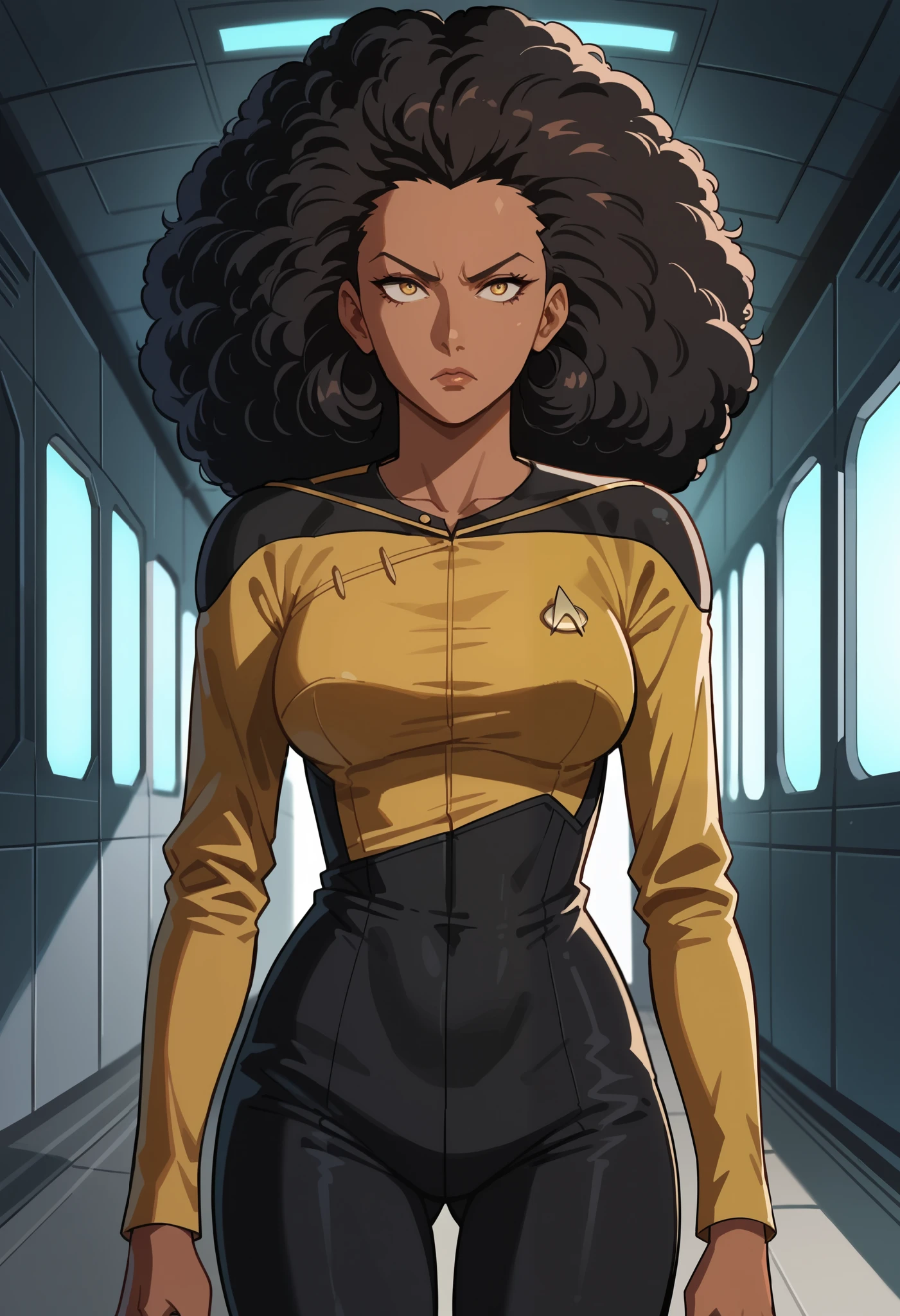 score_9, score_8_up, score_7_up, score_6_up,anime screencap, dark skin, afro hair, rating safe, 1girl,orange rastafari hair,pigtail hair,mature,serious,solo, upper body,corridor,scifi,metal,spaceship,starship,futuristic,machinery,levers,screens, sttng1,star trek yellow uniform,black shoulders,black pants,collarbone, full BODY, big waist, hourglass body, long hair , facing right
