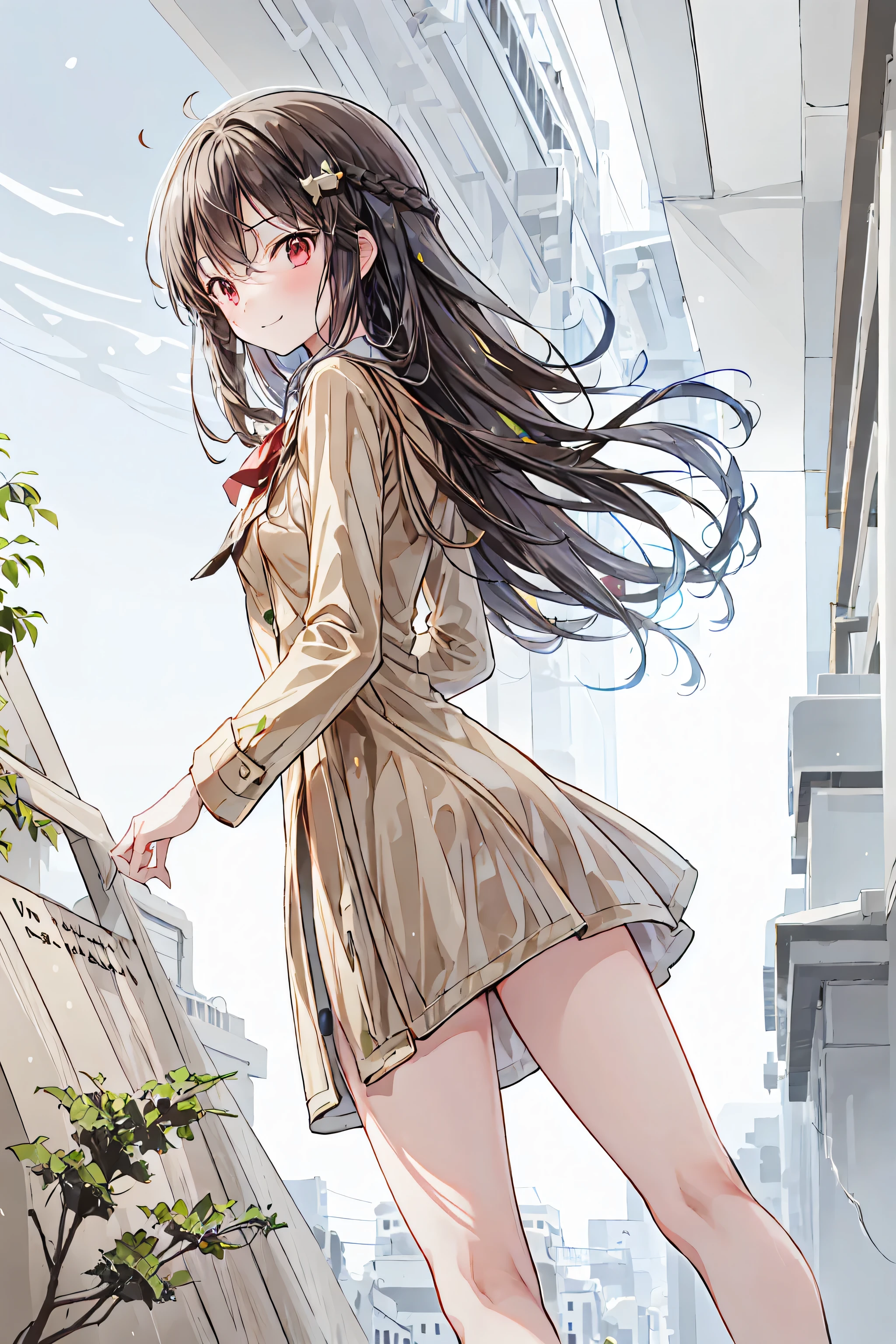 masterpiece,best quality,1 girl,Alone,outdoor,viewers,smile,ãã©ã¹ ,bangs,null,blue null,cloud,medium chest, o, white hair,red eyes,cross your arms around your back,Simple Clothes ,long hair