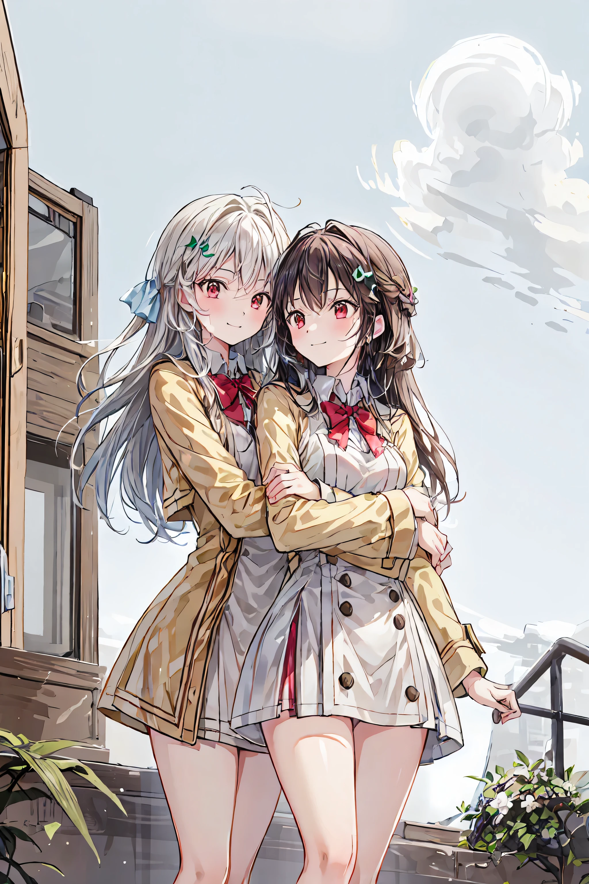 masterpiece,best quality,1 girl,Alone,outdoor,viewers,smile,ãã©ã¹ ,bangs,null,blue null,cloud,medium chest, o, white hair,red eyes,cross your arms around your back,Simple Clothes ,long hair