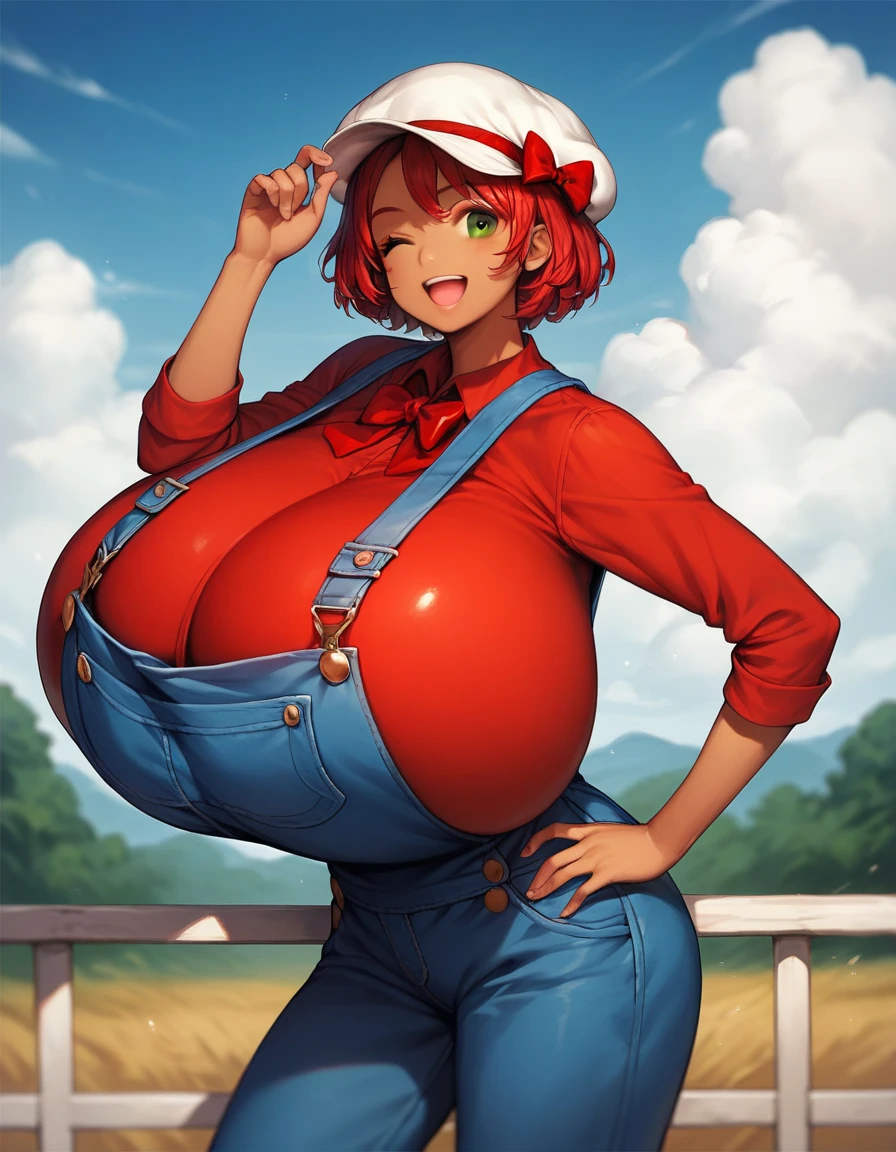 1girl, <lora:whitney-nvwls-v1:0.8> defwhitney, hair ornament, (cow print:1.2) shirt, buttons, short sleeves, blue shorts, wristband, striped socks, pink eyes, large breasts