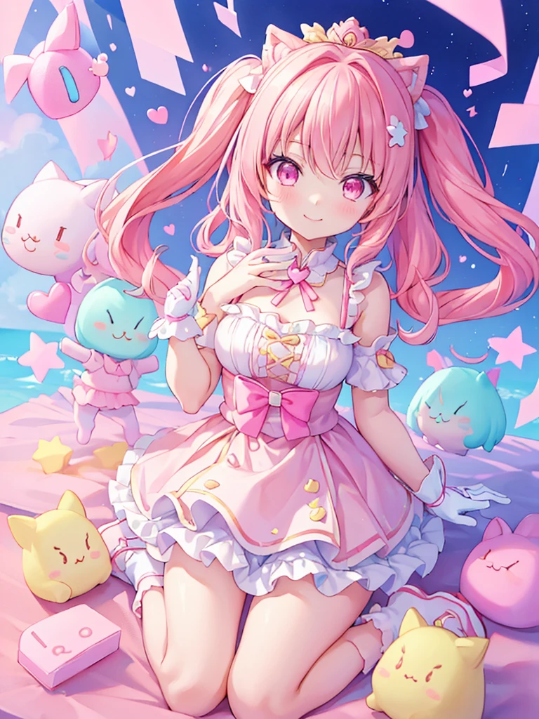 (best quality,4k,8k,highres,masterpiece:1.2),ultra-detailed,(realistic,photorealistic,photo-realistic:1.37),bright and vibrant colors,girly,adorable,whimsical,cartoonish,cute animals,fluffy clouds,pastel colors,playful characters,smiling faces,sparkling hearts,magical atmosphere,soft and dreamy,gentle brush strokes,light and airy,lovely patterns,cheerful background,innocent and charming,kawaii style,delicate details,lots of pink,beautifully illustrated,heartwarming scene,pleasant sunlight,rainbow-colored balloons,floral elements,joyful expressions,plush toys,dainty flowers,magical garden,children's book illustration