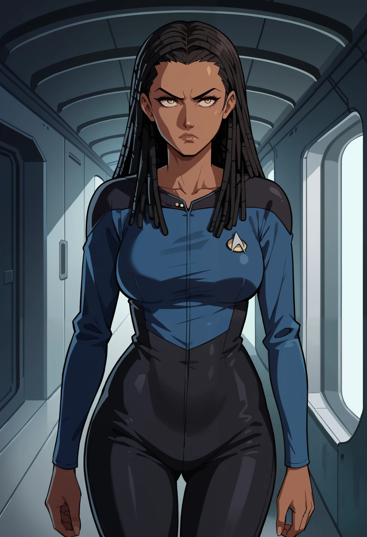 score_9, score_8_up, score_7_up, score_6_up,anime screencap, dark skin, dreadlock hair, rating safe, 1girl,black rastafari hair,black hair,mature,serious,solo, upper body,corridor,scifi,metal,spaceship,starship,futuristic,machinery,levers,screens, sttng1,star trek purple uniform,black shoulders,black pants,collarbone, full BODY, big waist, hourglass body, long hair , facing right
