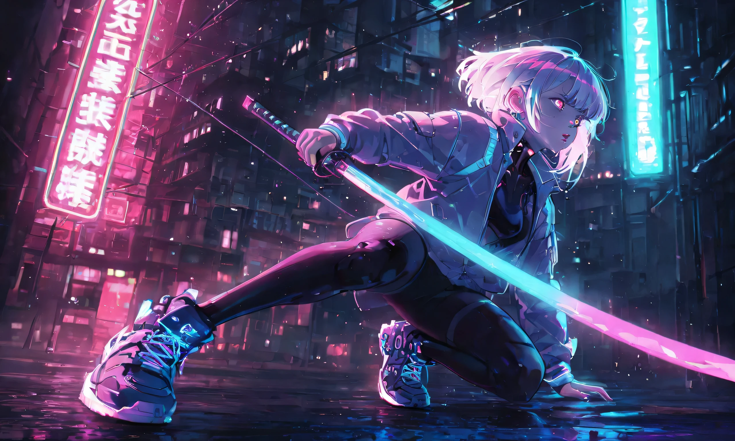 1girl,(cybernetic samurai),long neon katana,stylish clothes,stylish sneakers,detailed intricate cybernetic enhancements,intense focused expression,dynamic action pose,high-tech futuristic urban environment,neon lights glowing cyberpunk atmosphere,cinematic dramatic lighting,8K,masterpiece,photorealistic,ultra-detailed,professional,hyper-realistic,vibrant neon colors,moody sci-fi color palette, anime, Japanese style art, Japanese pattern anime style,