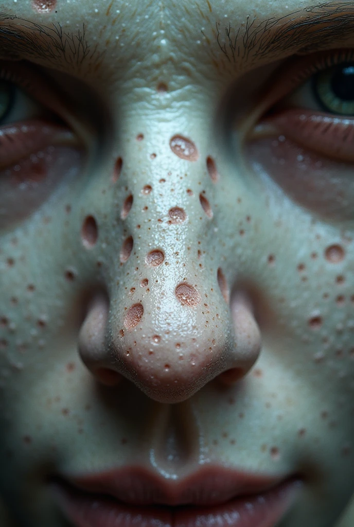 Create an image showing severe trypophobia, as a disease on a close up of human cheeks. Ultra HD, ultra realistic style, 8k 3D render. Make the holes vary in sizes randomly. Image should be extremely disturbing and sickening. Make gross liquid ooze out the holes.