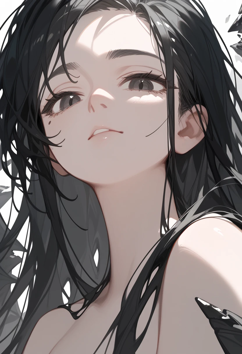 masterpiece, best quality, beauty, shadows, highest quality、High resolution、(cute illustration:1.2), Illustration of girl with long black hair and a white shirt,((black and white portrait)),black and white picture,Smile,minimalist painting,Simple strokes,messy hair,Shy,Pure white shirt,Heavy makeup,Headshot,Put lipstick on one's mouth,Side Body