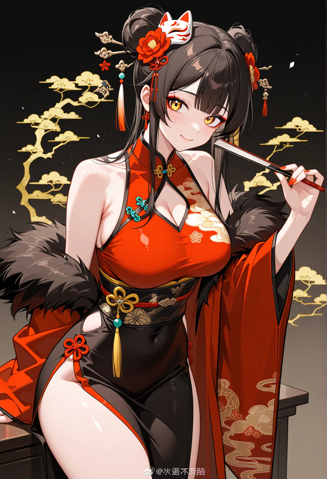 Masterpiece, best quality, extremely detailed, anime, black hair Oiran, brightly eyes, beautiful eyes, prostitute style makeup, off shoulder kimono that exposes nape and shoulders, tight kimono obi that emphasize the body shape, opened front kimono that exposes cleavage, well-shape breasts, sitting in japanese style room