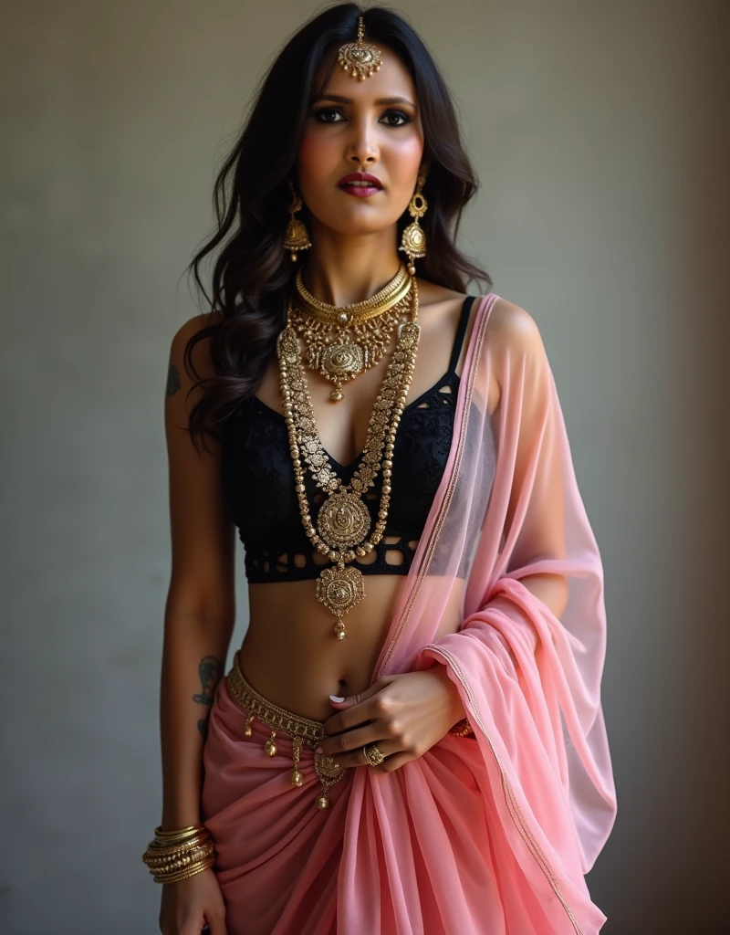 (Masterpiece - Illustrations - Detailed - Best Quality)) - Anime Style - Genshin Impact Style - 1 Woman - Inspired by Mexican Adelitas Full Body - Native Mexican - Aztec - Long Black Hair - Dark Brown Skin - Stunning Look - Traditional Wear Mexican - poncho - pink Mexican skirt - sash at waist and abdomen - closed huaraches - gold bracelets, earrings and necklaces - imposing presence - flower petals in the environment-