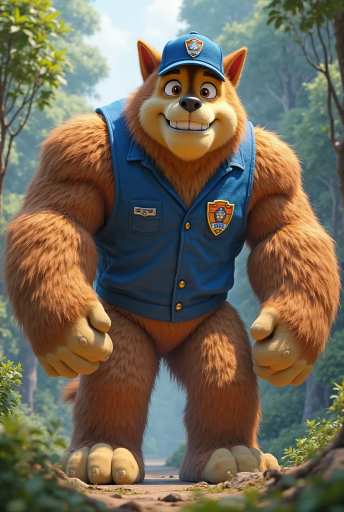 Chase as a" king kong shape " light brown fur and blue shirt and cap transformation into" king kong shape " 3d, 4k, forest paw patrol
