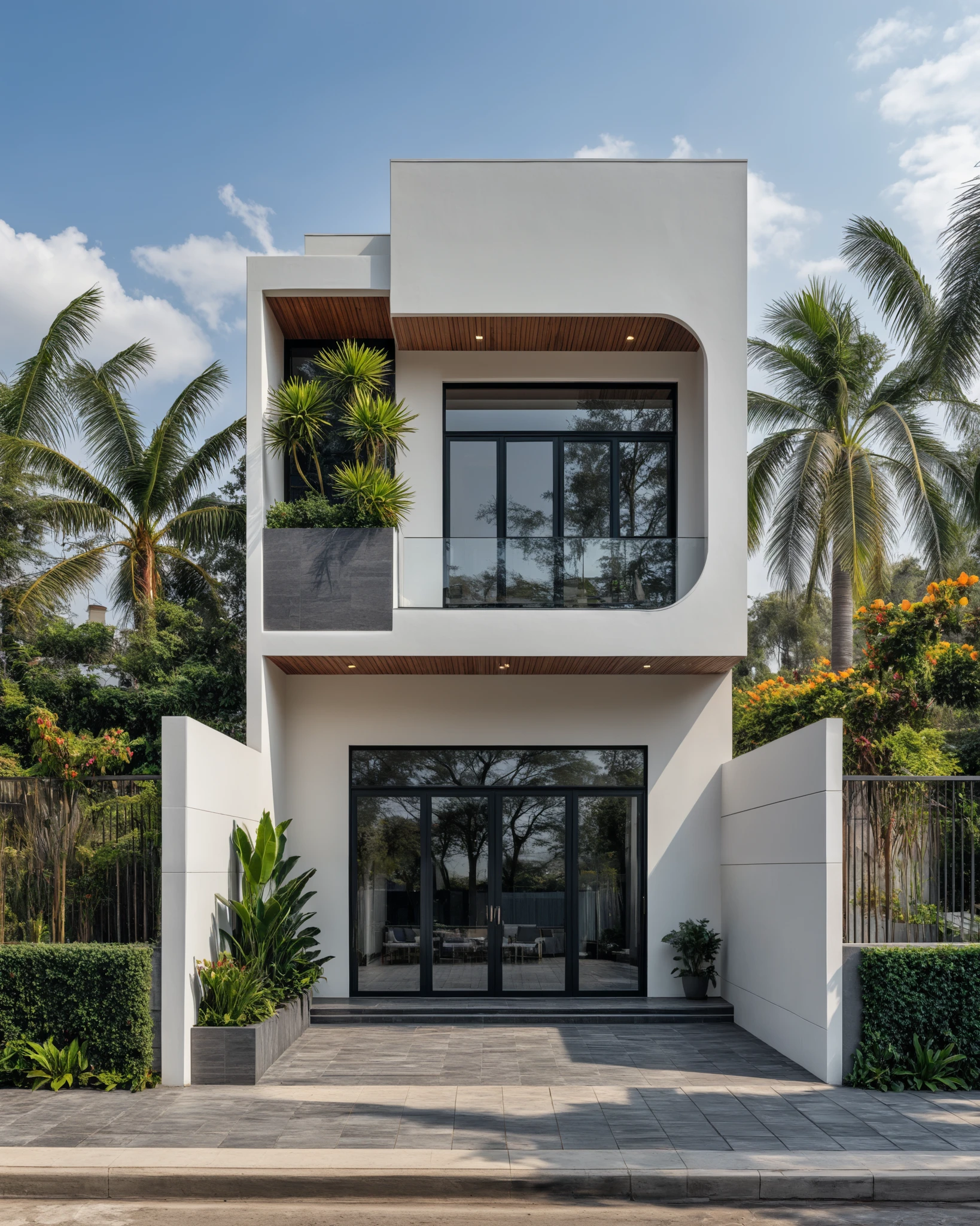 (masterpiece:1.2), best quality, photo of A two-story modern house with white walls and dark tiles on the roof, tree and plant, streetcapes, natural light, The exterior of an elegant single family home features large windows, a dark gray door frame.