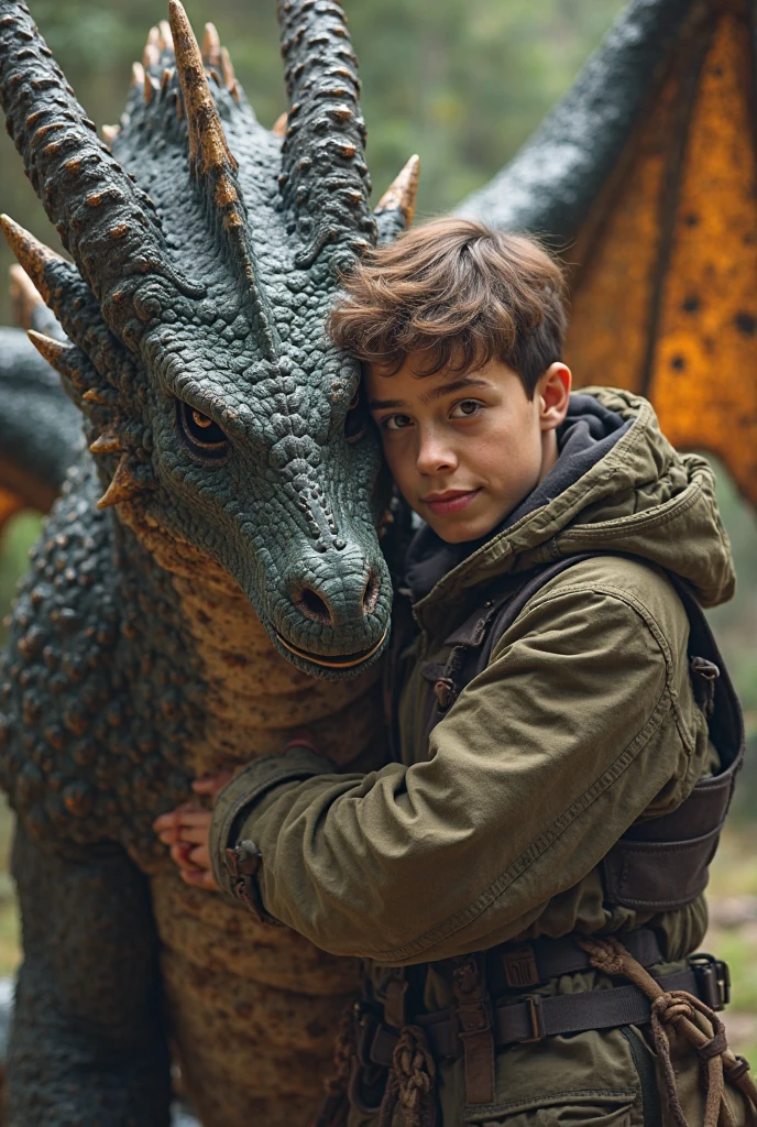 Create a sticker with white borders of a scene from the Harry Potter movie where 2 characters and a dragon appear, younger boy and older girl. in high resolution with blurred background, cinema image and hyper-realism with an emphasis on the eyes on the dragon