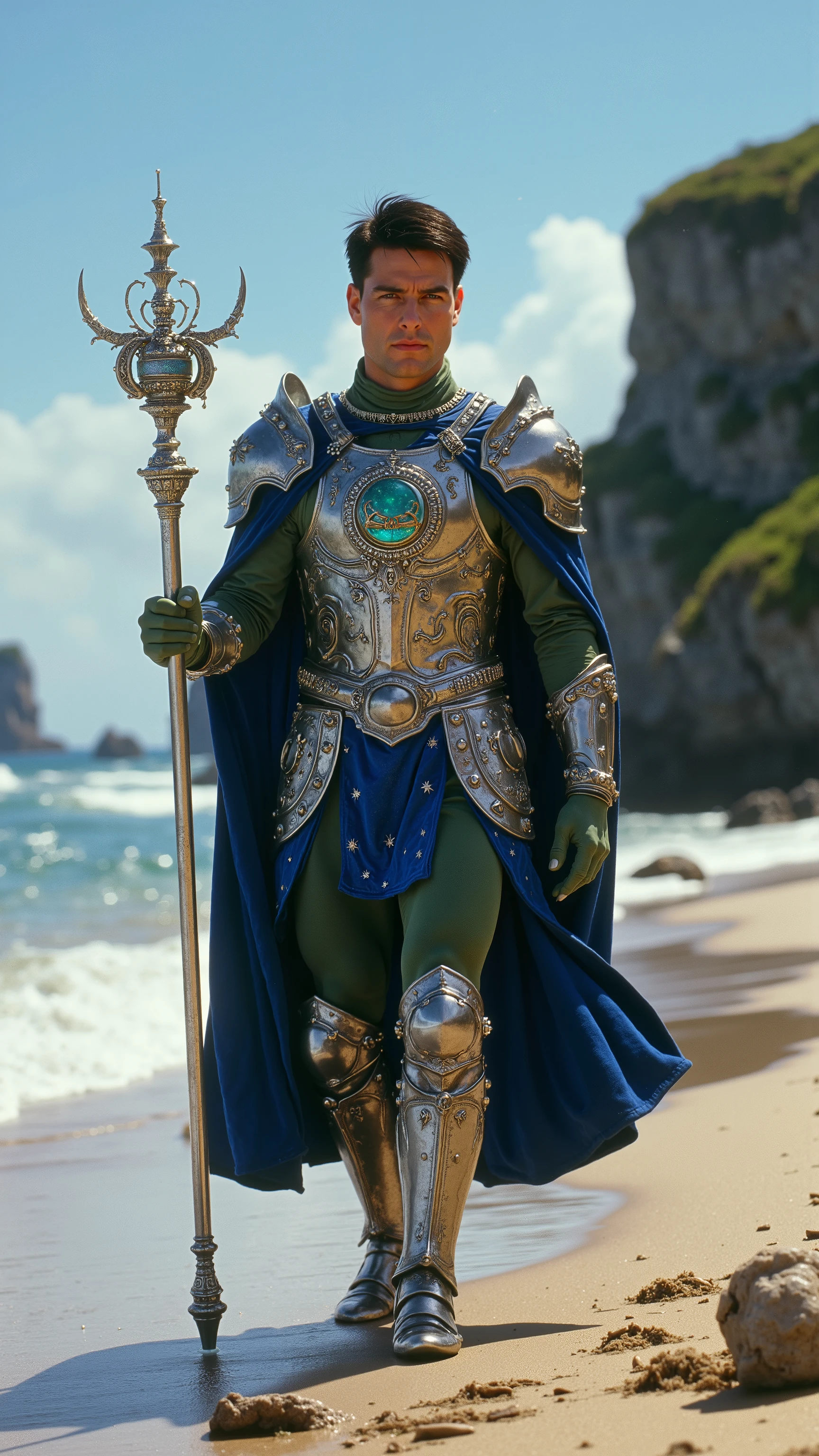Tom Cruise reimagined as a majestic human-cancer hybrid with big green cancer claws walking and holding a silver scepter, dramatic atmosphere, 1 male、
short, dark brown hair and expressive hazel eyes, his skin has a green pearlescent glow, reminiscent of the moon's light.
He wears ultra-luxurious armor crafted from polished silver and deep blue steel, adorned with engravings of the moon, ocean waves, and delicate crab motifs. His breastplate is inlaid with opals and moonstones, featuring a central emblem of a majestic crab. The pauldrons are shaped like ornate crab claws, edged with platinum and adorned with sapphire accents.
Draped over his shoulders is a royal blue velvet cape with silver embroidery of waves and constellations. The cloak is fastened by a brooch shaped like the Cancer symbol surrounded by a crescent moon. Around his neck, he wears a platinum choker set with glistening blue aquamarines and pearls. His boots are crafted with shell-like designs, combining silver and deep blue metalwork with pearl inlays.
In his green cancer claws, he holds a magnificent silver scepter, its handle wrapped in strands of polished mother-of-pearl. The scepter is crowned with an opalescent crystal orb, encased in delicate silver tendrils. Around the orb, floating rings of platinum bear tiny, suspended pearls and aquamarine gems.
Shows his male character's full figure, athletic body, perfect face, full body, extremely beautiful, male shape, and perfect anatomy. The background showcases a pristine coastal landscape under a vibrant blue sky. Gentle waves lap against a sandy shore, where smooth stones and delicate shells are scattered along the water's edge. Towering cliffs rise in the distance, crowned with lush green grass.
photorealistic, masterpiece, realistic, high contrast, 8k, HD, high definition detailed, detailed, hyper detailed, realistic skin texture, best quality, ultra high resolution, hyper realistic, no text, very detailed eyes, dramatic lighting