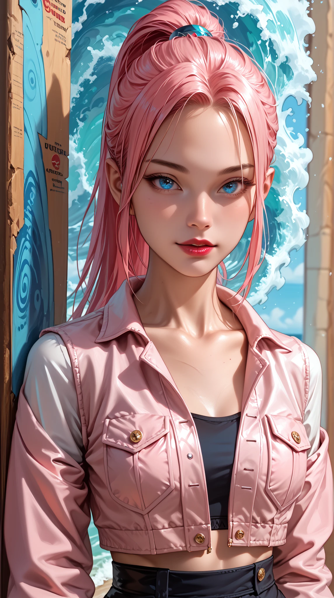 1girl, detailed face, afro hair, dark skin, looking at viewer, vibrant colorful, short sleeve t-shirt, pink hair, earring, white shirt, open mouth, deep v-neck, cleavage emphasis, focus on breasts, dripping on breasts, sweating, (:P:1.2), (full body:0.8), (12yo, cute:1.3), (breasts:1.2),