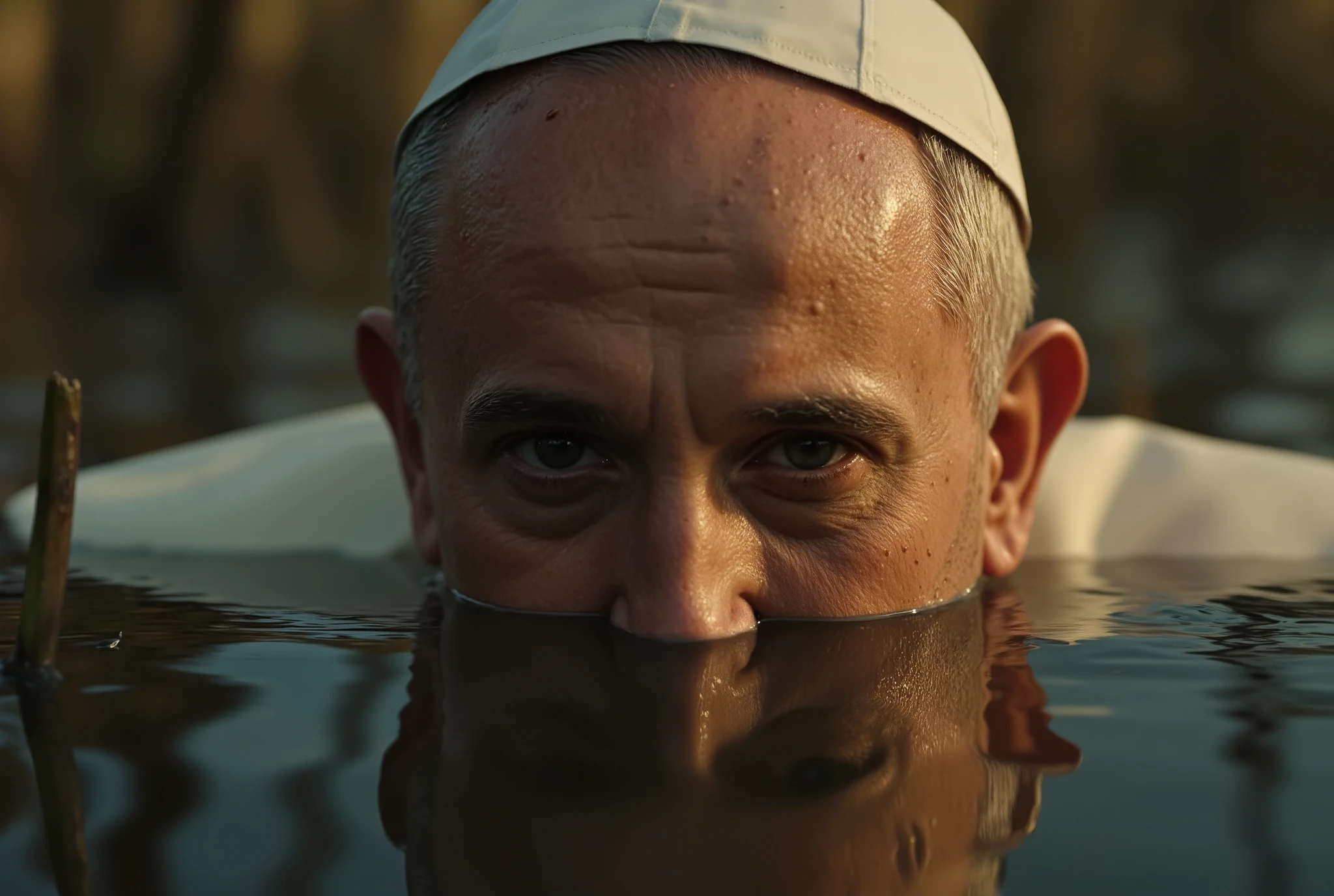 An intense close-up of a Pope's eyes emerging from the dark, murky swamp in a dramatic split-shot composition. (popefluxlora). The waterline cuts perfectly across the frame, revealing only his piercing, focused eyes above the surface, framed by the white fabric of his hat. Wisps of fog rise from the water, swirling in the dim, golden light of dusk. His gaze is sharp, unwavering, and filled with silent determination. Tiny ripples spread outward, barely disturbing the stillness. Beneath the surface, faint distortions hint at his submerged form, hidden in the depths of the swamp. The mist, low lighting, and wet reflections create an ultra-realistic, cinematic effect, enhancing the tension of the moment. The composition is hyper-detailed, photorealistic, and immersive, capturing the ninja in complete stealth mode of the Pope Francis, lurking just beneath the surface, ready to strike. Pope Francis eyes close up. In the lower part of the image there is the lower part of the face /(mouth and chin)/.