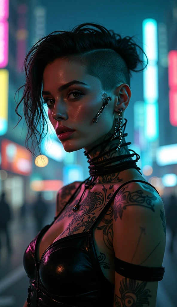 photography ,  a woman in a dress with a necklace and earrings , cyberpunk style , fashion<lora:cyber_aesthetic_sdxl:1.0>