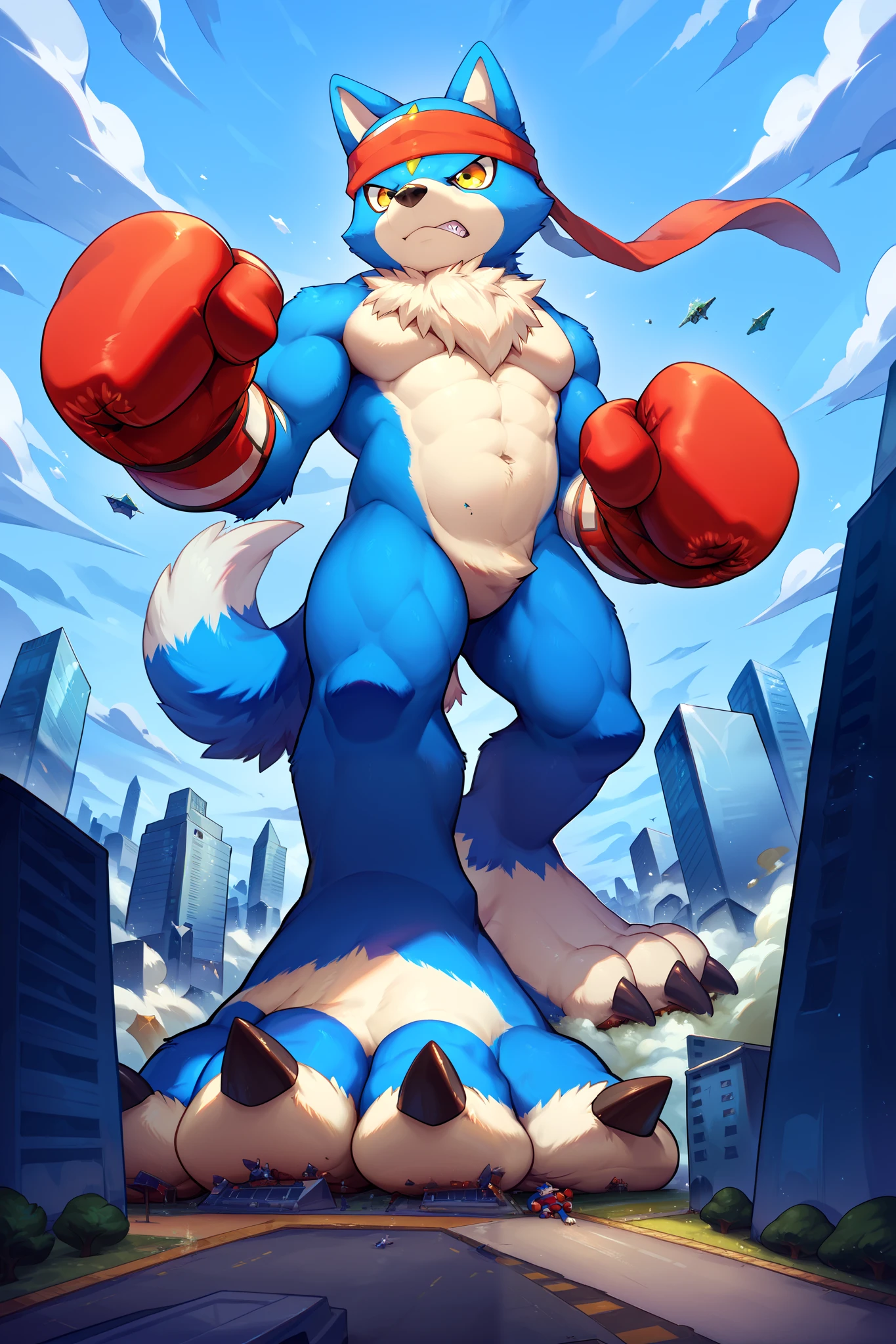 score_9_up,score_8_up,score_7_up, source_anime, (macro size: 9)
male, muscular, masculine, solo, blue body, red eyes, tail, sky, outside, Muscular, giant , macro, minimized modern city under feet, city with skyscarpers,Strong muscles, score_9, score_8_up , score_7_up , score_6_up , furry, anthro, Alone, full body, gaomon,blue fur,furry,headband,boxing gloves,yellow eyes,full body,score_6_up,score_7_up,score_8,score_9,claws,standing,punching, by nommz
