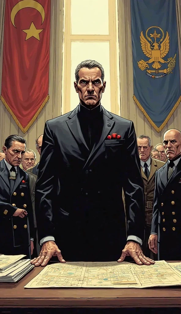 Make a black and white comic-style drawing of an intimidating military man dressed in a suit and a hat with a spike on the tip, viewed from below to the right.