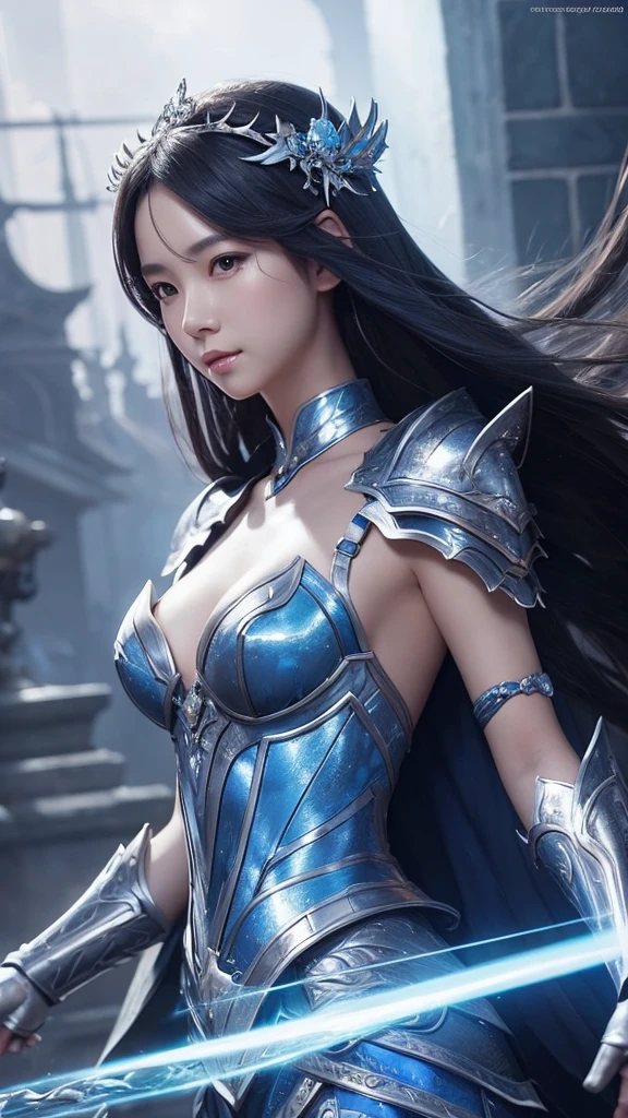 Close-up of woman in silver and blue dress, Chengwei Pan at Art Station, Jan J, Detailed fantasy art, Amazing character art, Fan Art Best Art Station, Magnificent and elaborate character art, Beautiful Armor, Highly detailed art gems, Detailed digital anime art, Art Station pixiv's artgerm, Girl in Armor