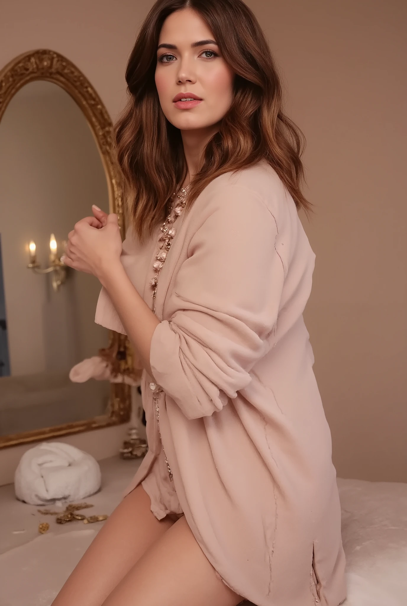 best quality, highres, 8k, masterpiece, photography, detailed midbody photorealistic portrait. Mandy Moore exudes timeless grace in a blush pink satin corset lingerie set with delicate lace embroidery and pearl embellishments, paired with sheer thigh-high stockings and crystal-encrusted heels. Her hair is styled in voluminous, romantic curls, with a diamond tiara resting atop her head. She is in the Hall of Mirrors at Château de Versailles, gracefully running her fingers along a gilded vanity, the soft glow of chandeliers reflecting off the gold-trimmed mirrors. 40 years old, (real skin texture: 1.3), (slender figure: 1.1), six-pack abs, (Immersive Ambience, Chiaroscuro: 1.5, Dim Light: 1.1, Neon Lighting), (Bokeh: 1.5), Blurred, high contrast, (Fuji colours: 1.5), film grain