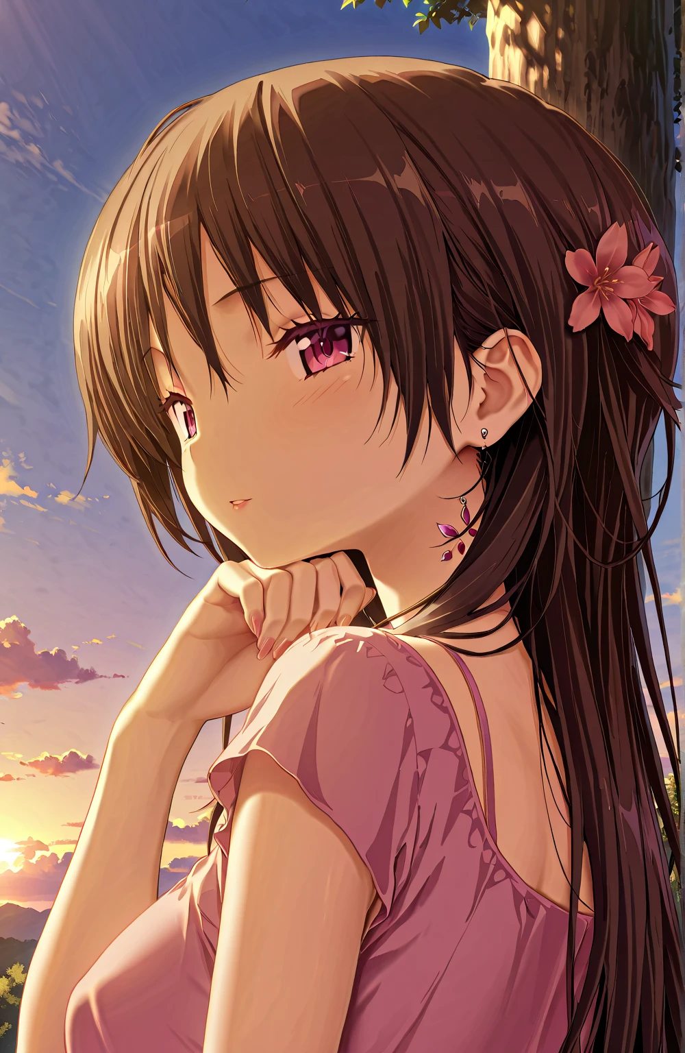 (masterpiece),(the best quality:1.0), (ultra high resolution:1.0), Detailed illustration, 8K, anime, 1 girl, beautiful anime girl, In a sari , Wearing a pink sari, Nice pose, pretty face, Detailed face, beautiful eyes, ojos rojo oscuro, Detailed eyes, red lips, red lipstick, slightly brown hair , pink flower in the ear, reflections in the hair, of foot, red flowers on a tree on the back, Open sky with clouds, Detailed, intricate, anime style, highly Detailed