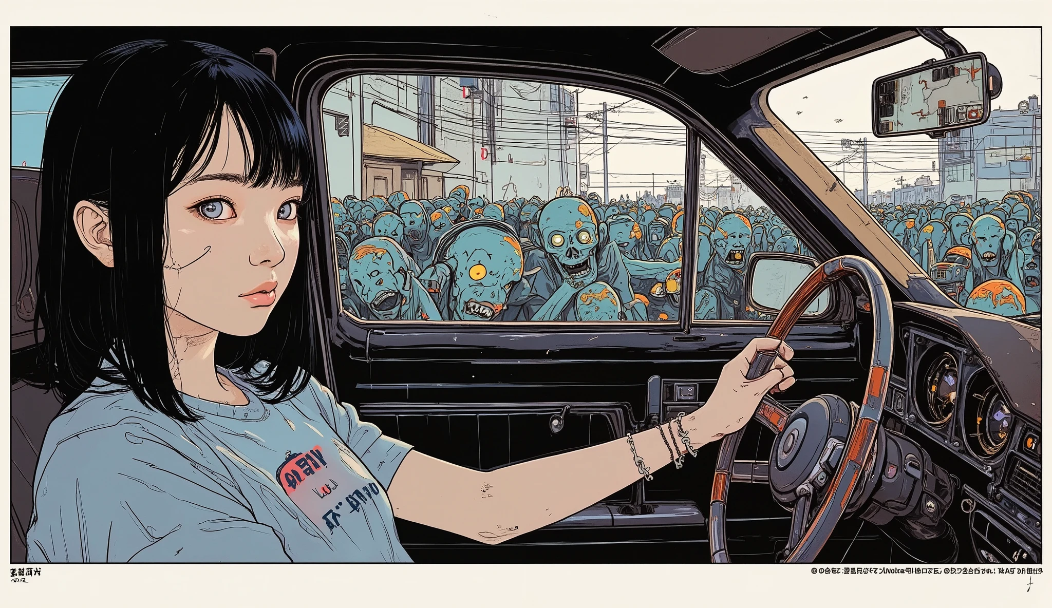 Harry Beckhoff screen print depicting a Japanese high school girl in a car, Reddit , Rutkovsky , , cartoon chic and simple, an Awareness-raisingn, Awareness-raising, Awareness-raisingn, high contrast Awareness-raisingns、Zombies are overflowing outside the car、