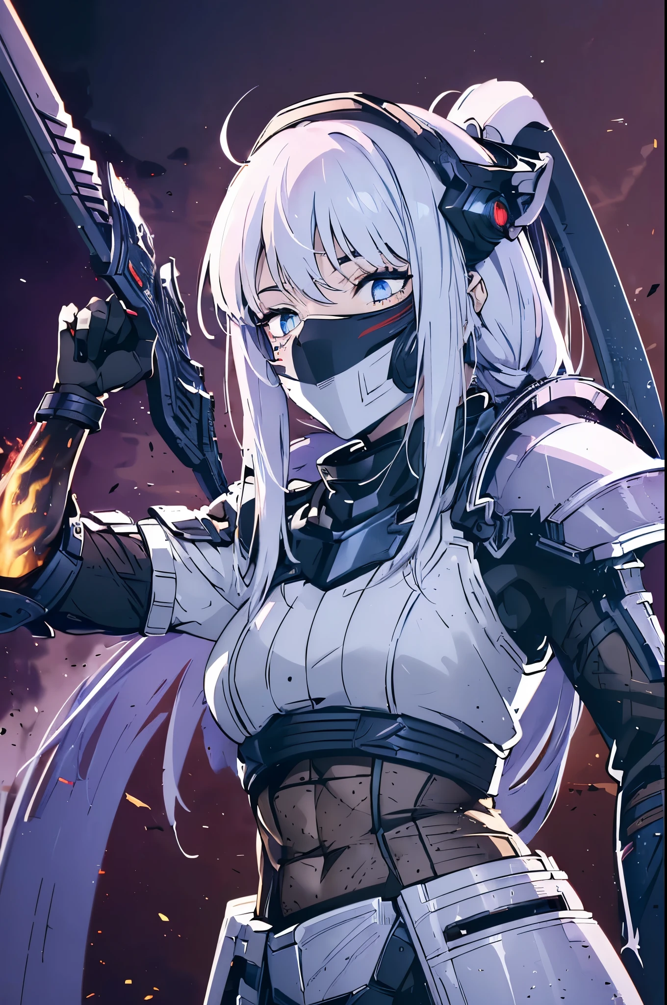 (masterpiece), (high resolution), (alone), (perfect face), (beautiful Korean high school girl), ((long straight white hair and bright blue eyes)), (((Ultra detailed blue eyes))) , white hair, red tartan plaid clothes, smile, stare, stand, watch the audience, (((She has a Katana in his right hand))), ((Long white hair)), ((Long straight white hair and bright blue eyes)), beautiful face, white background, embarrassed look, look at the camera, (high quality eyes), detailed texture, look at me, cool women, ((high resolution eyes)), masterpiece, best quality, (long hair), (Woman wearing full Predator armor from the film), detailed full body, (detailed eyes), (The Predator's small 10cm plasma cannon is an advanced weapon used by alien hunters known as Yautja. It is capable of fire highly energized plasma projectiles that can pierce or vaporize almost any material. (The cannon is mounted on the user's shoulder and is controlled via a visor affixed to the helmet.) (The cannon can track thermal targets and adjust fire power based on distance and target strength.) (The cannon also has an automatic reloading system utilizing a portable power generator.) The Plasma Cannon is one of the most powerful and feared weapons in the Predator arsenal, being used both to hunt dangerous prey and to eliminate potential threats.), (She wears long blades on her wrist like a Predator), ((The Predator's Wrist Blade is a lethal weapon used by this alien species in their hunts. It consists of a metal sheath that fits around the user's forearm, with a mechanism that allows it to project and retract two curved blades about 30 centimeters in length. The blades are made of an extremely durable and sharp material, capable of easily cutting through flesh, bone, and even metal. The Wrist Blade is activated by a button on the glove, or by a mental command through a neural implant), (She wears a full Predator Bio-Mask covering her face), 16k quality, Cinematic