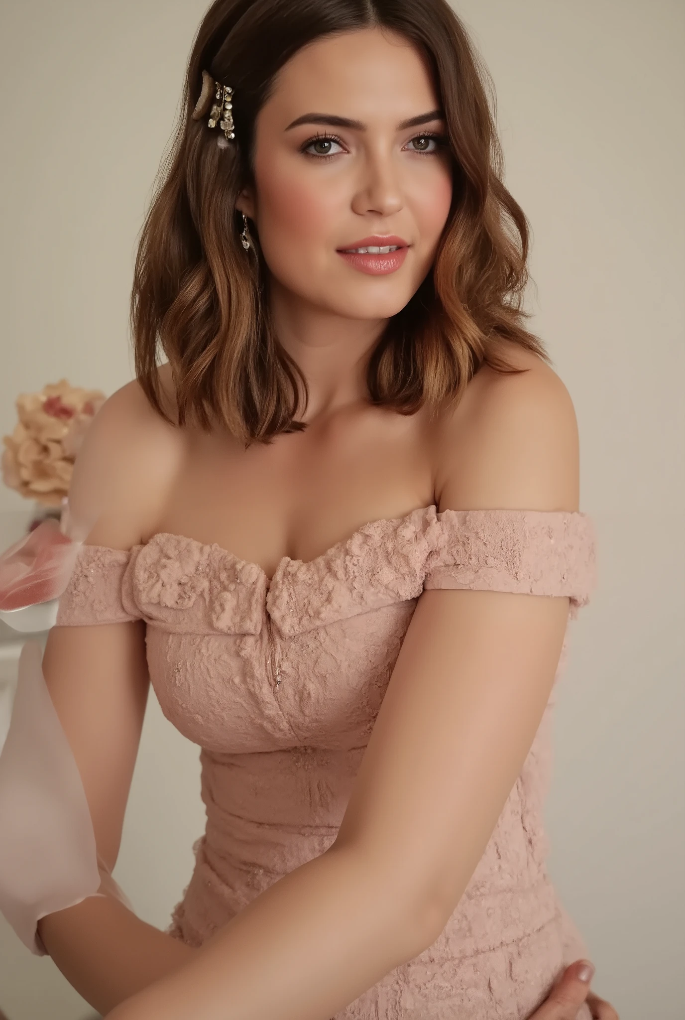 best quality, highres, 8k, masterpiece, photography, detailed midbody photorealistic portrait. Mandy Moore exudes timeless grace in a blush pink satin corset lingerie set with delicate lace embroidery and pearl embellishments, paired with sheer thigh-high stockings and crystal-encrusted heels. Her hair is styled in voluminous, romantic curls, with a diamond tiara resting atop her head. She is in the Hall of Mirrors at Château de Versailles, gracefully running her fingers along a gilded vanity, the soft glow of chandeliers reflecting off the gold-trimmed mirrors. 40 years old, (real skin texture: 1.3), (slender figure: 1.1), six-pack abs, (Immersive Ambience, Chiaroscuro: 1.5, Dim Light: 1.1, Neon Lighting), (Bokeh: 1.5), Blurred, high contrast, (Fuji colours: 1.5), film grain