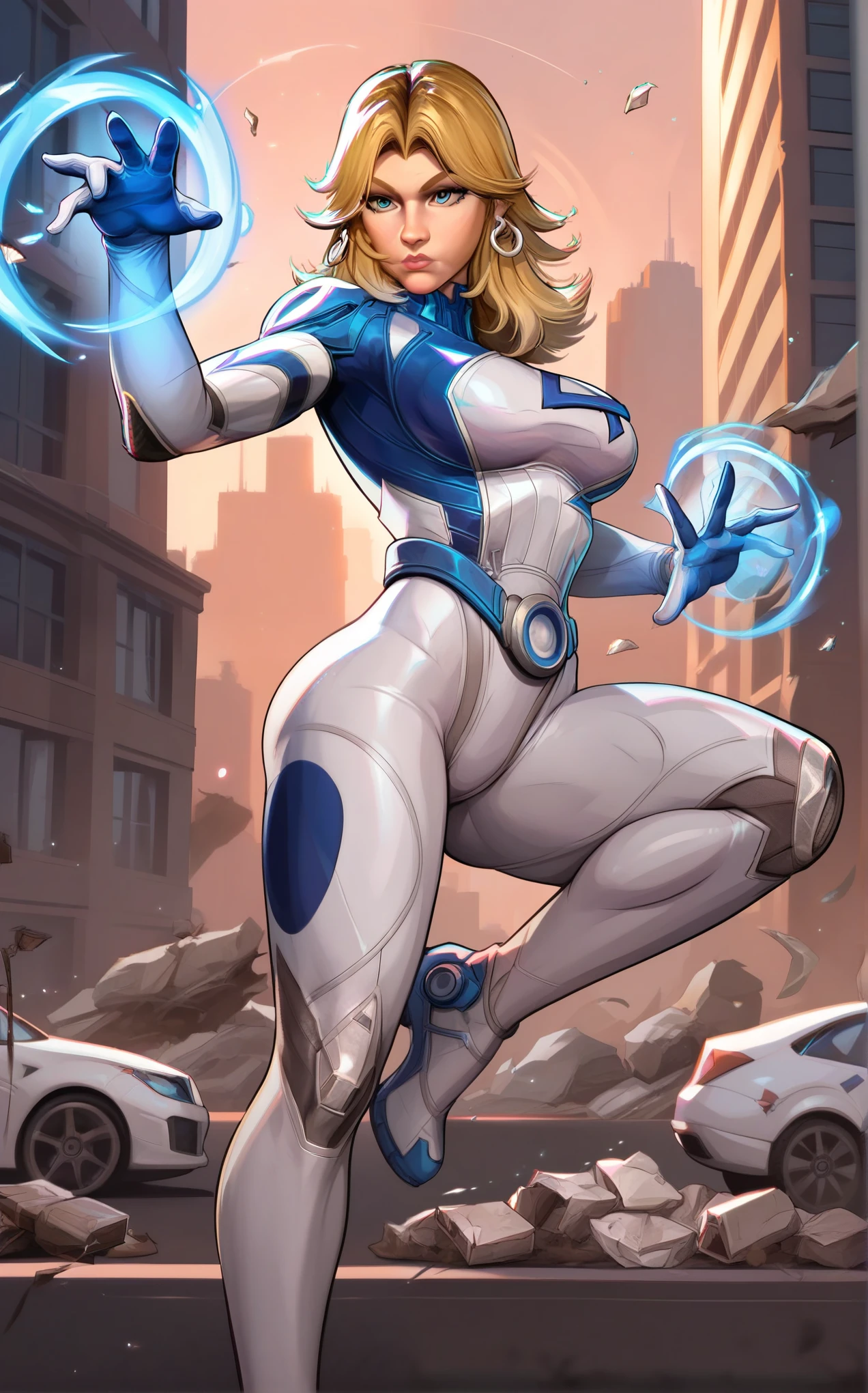 score_9, score_8_up, score_7_up, absurdres, full body, aura, powering up, energy, fighting stance, serious, debris, aura, powering up, energy, fighting stance, serious, debris, falling petals, BREAK PONYXL_MarvelRivalsSueStorm_ownwaifu, 1girl, blue belt, blue bodysuit, flipped hair, long legs, narrow waist, number print, skin tight, toned, two-tone bodysuit, white bodysuit, blonde hair, blue eyes, lips, long hair, jewelry, medium breasts, hoop earrings, nose, gloves, large breasts, superhero, earrings, blue gloves, parted bangs, multicolored clothes, bangs, pilot suit, white gloves, multicolored bodysuit, shiny hair, pink lips, thick eyebrows, thick thighs, turtleneck, covered abs,