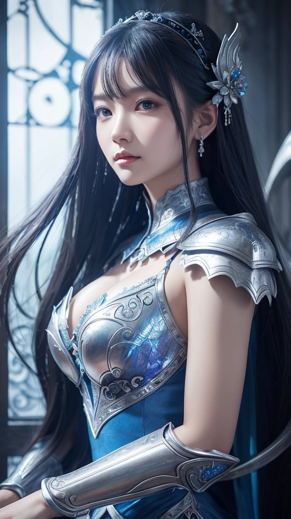 a close up of a woman in a silver and blue dress, chengwei pan on artstation, by Yang J, detailed fantasy art, stunning character art, fanart best artstation, epic exquisite character art, beautiful armor, extremely detailed artgerm, detailed digital anime art, artgerm on artstation pixiv, armor girl