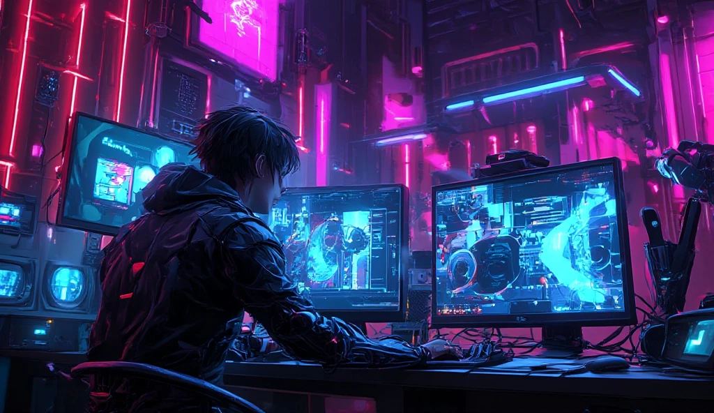 demon boy producing a song on a computer, big futuristic monitor, neon room, smoking a cigarette, vampire, all in black, black clothes, red eyes, trap producer, city view from window --auto --s2