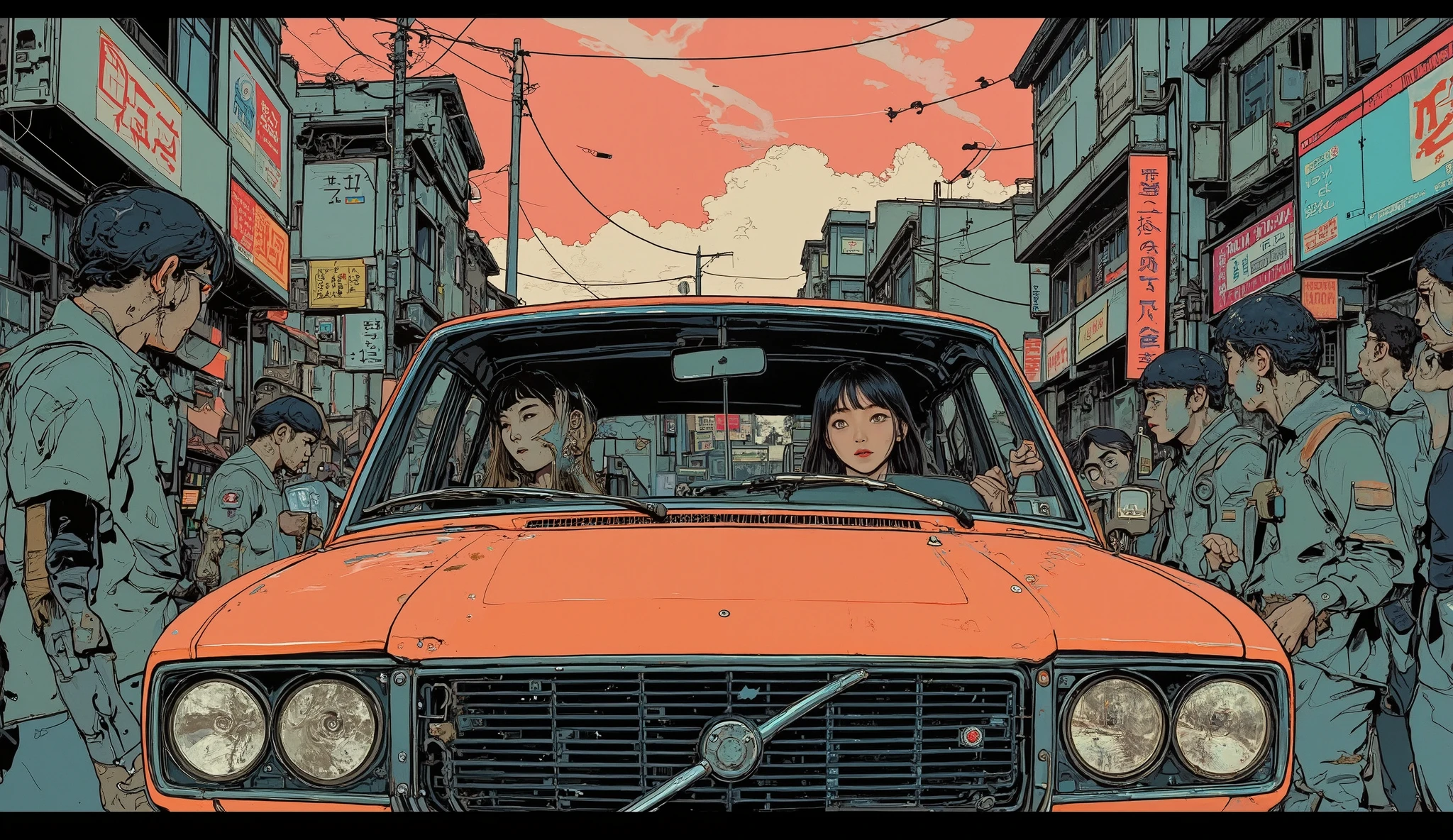 Harry Beckhoff screen print depicting a Japanese high school girl in a car, Reddit , Rutkovsky , , cartoon chic and simple, an Awareness-raisingn, Awareness-raising, Awareness-raisingn, high contrast Awareness-raisingns、Zombies are overflowing outside the car、
