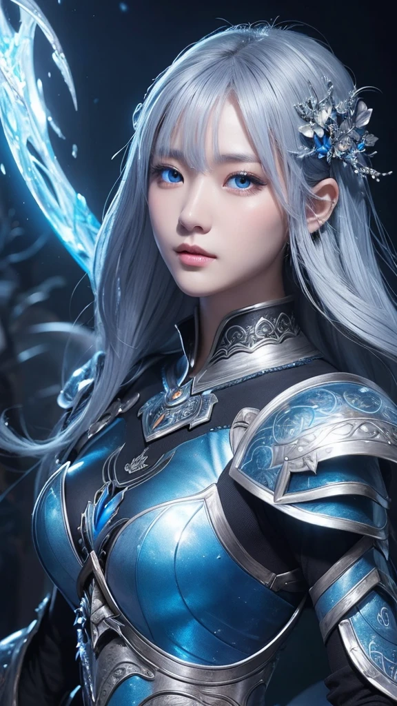 青いLong Hair、Blue armor with yellow and white engravings、Holding a big blue sword、Beautiful woman、Cliff、cumulonimbus、Big Dragon、High resolution, Long Hair, blue eyes, Anatomically correct, 最高quality, High-resolution model, High detail, quality, 高quality,