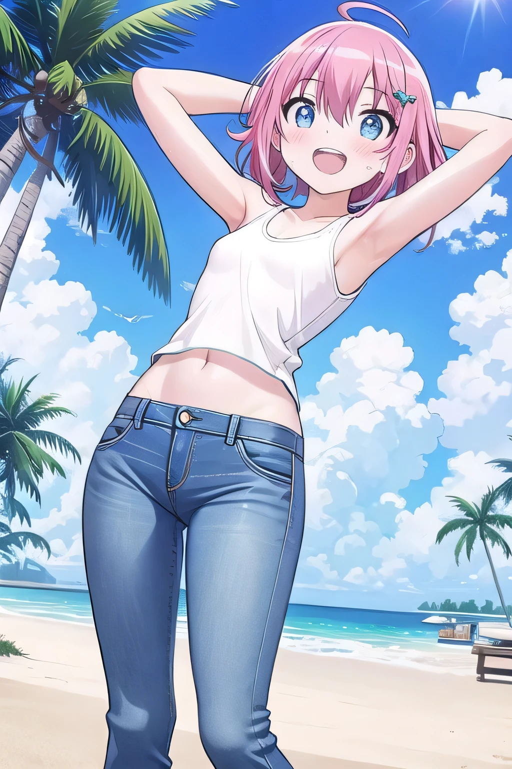 masterpiece,best quality,ultra detail, ((Perfect Face, Perfect Arms, Perfect hands, Perfect Fingers)), 1girl, , petite, ((round face, ecstasy, orgasm face, drooping eyes, shame smiling, blush)), dropping eyes, sleepy, Open mouth, ((White teeth)), background((under the beach, (day:1.2), palm tree, bright sky)), miku hatsune, ahoge, aqua eyes, (pink hair:1.4), crossed bangs, hair between eyes, hair ornament, (short hair:1.4), (messy hair:1.7), ((arms behind head, hands behind head, fingers behind head)), ((contrapposto)), spread armpits, looking at viewer,, (white tank top:1.2), (white crop top:1.2), (jeans pants:1.2, flares jeans:1.2, skinny jeans:1.2, blue jeans:1.2), standing, (legs spread:1.4), sex pose, Sweaty crotch, Steam from the crotch, from below, whole body