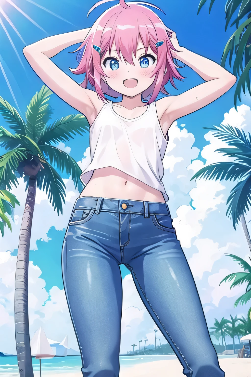 masterpiece,best quality,ultra detail, ((Perfect Face, Perfect Arms, Perfect hands, Perfect Fingers)), 1girl, , petite, ((round face, ecstasy, orgasm face, drooping eyes, shame smiling, blush)), dropping eyes, sleepy, Open mouth, ((White teeth)), background((under the beach, (day:1.2), palm tree, bright sky)), miku hatsune, ahoge, aqua eyes, (pink hair:1.4), crossed bangs, hair between eyes, hair ornament, (short hair:1.4), (messy hair:1.7), ((arms behind head, hands behind head, fingers behind head)), ((contrapposto)), spread armpits, looking at viewer,, (white tank top:1.2), (white crop top:1.2), (jeans pants:1.2, flares jeans:1.2, skinny jeans:1.2, blue jeans:1.2), standing, (legs spread:1.4), sex pose, Sweaty crotch, Steam from the crotch, from below, whole body