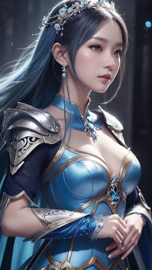 a close up of a woman in a silver and blue dress, chengwei pan on artstation, by Yang J, detailed fantasy art, stunning character art, fanart best artstation, epic exquisite character art, beautiful armor, extremely detailed artgerm, detailed digital anime art, artgerm on artstation pixiv, armor girl