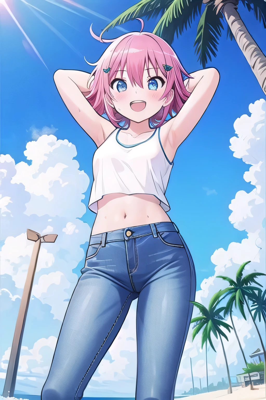 masterpiece,best quality,ultra detail, ((Perfect Face, Perfect Arms, Perfect hands, Perfect Fingers)), 1girl, , peti ((round face, ecstasy, orgasm face, drooping eyes, shame smiling, blush)), dropping eyes, sleepy, Open mouth, ((White teeth)), background((under the beach, (day:1.2), palm tree, bright sky)), miku hatsune, ahoge, aqua eyes, (pink hair:1.4), crossed bangs, hair between eyes, hair ornament, (short hair:1.4), (messy hair:1.7), ((arms behind head, hands behind head, fingers behind head)), ((contrapposto)), spread armpits, looking at viewer,, (white tank top:1.2), (white crop top:1.2), (jeans pants:1.2, flares jeans:1.2, skinny jeans:1.2, blue jeans:1.2), standing, (legs spread:1.4), sex pose, Sweaty crotch, Steam from the crotch, from below, whole body