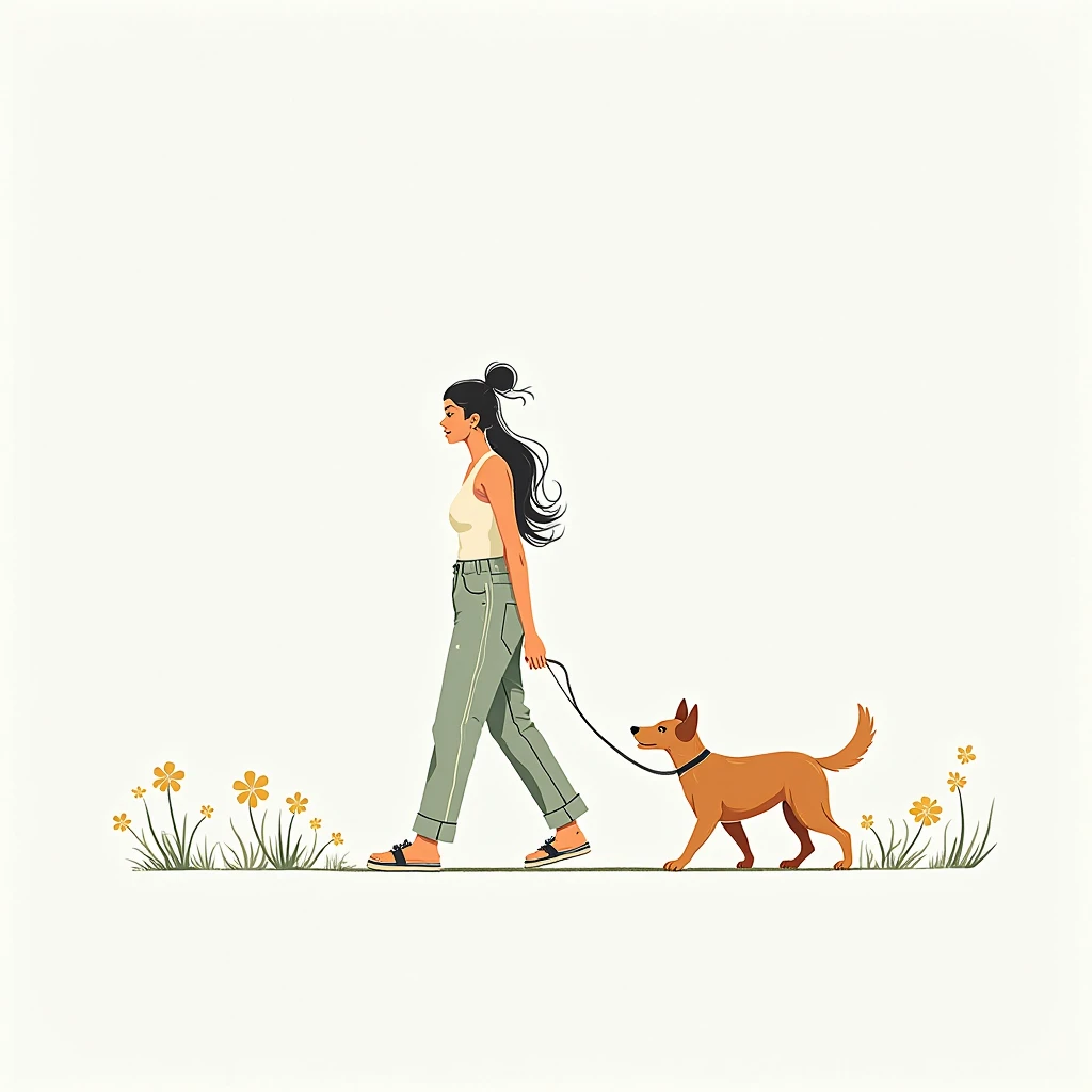 flat illustration of A woman walking her dog in a park, wearing casual clothes and holding a leash in pure white background