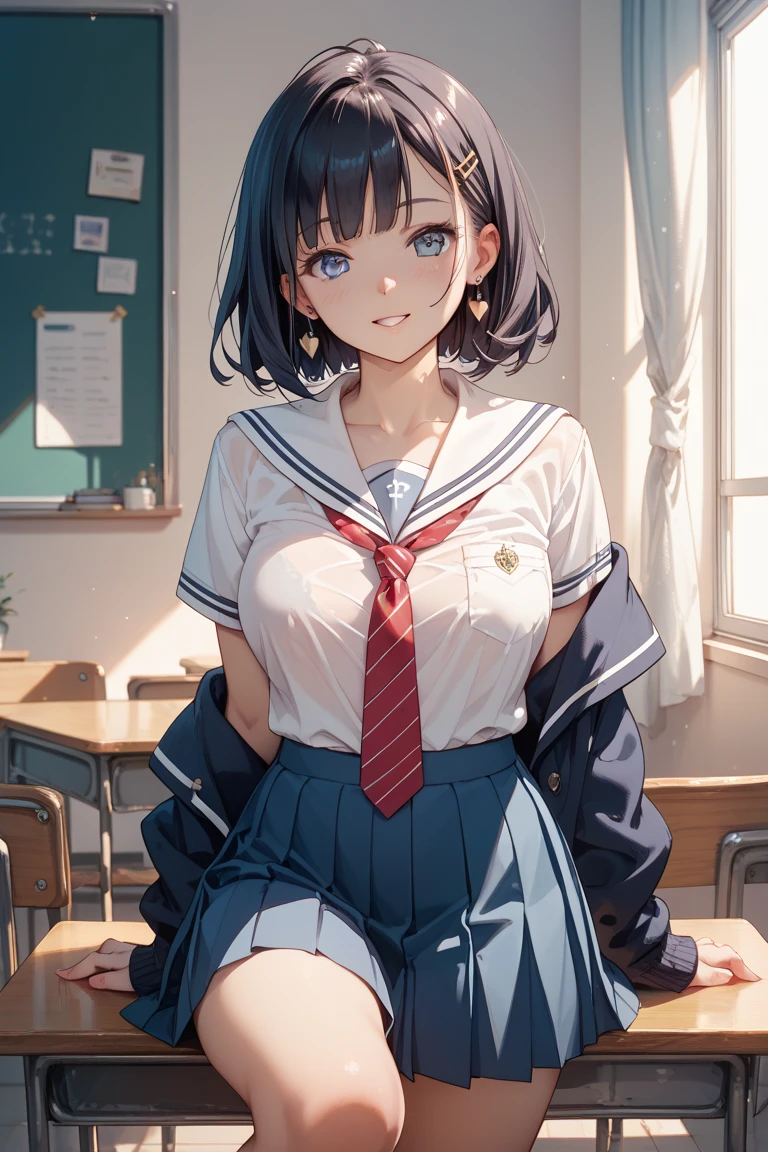 (extremely details CG、Unity、8K Wallpapers)、(extremely delicate and beautiful)、(​masterpiece)、(top-quality:1.0)、(超A high resolution:1.0)、beautiful  lighting、perfect lightning bolt、realistic shadow、[hight resolution]、Detailed skin、ultra-detailliert、detailed faces and eyes、Realistic eyes、Sharp pupils、cowboy  shot, Inside the classroom、Schools、Evening glow、beauitful face、blurry backround、16-year-old beautiful girl、shinny skin、Side Up、Beautiful black hair、Blunt bangs、Blue eyes、a sailor suit、Pleated miniskirt、Curve、Sitting on a desk、(Opening legs、You can see light panties.:1.2)、Smile with open mouth、Looks happy